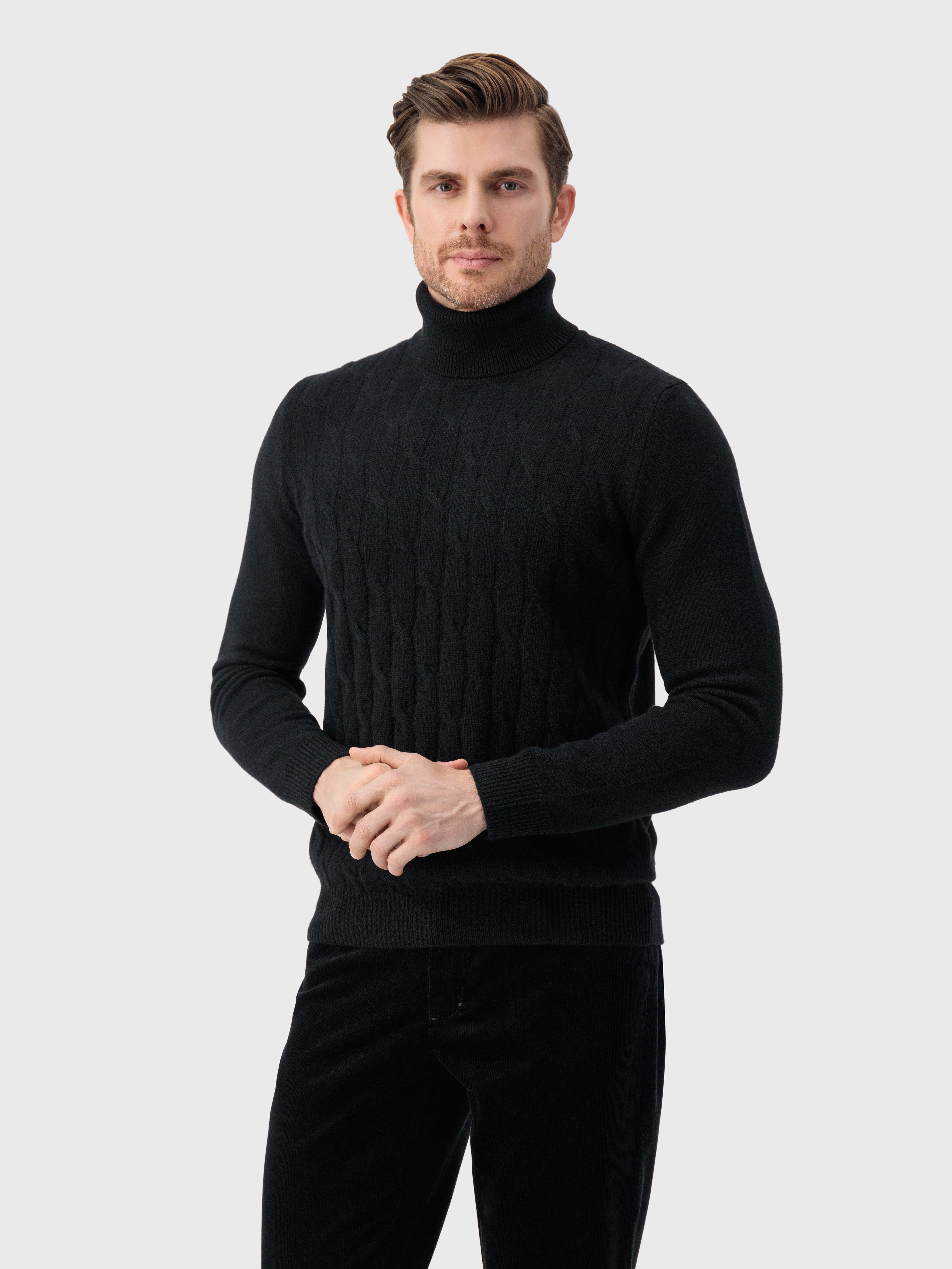 Cashmere Turtleneck Pullover with Cable Knit Pattern Black