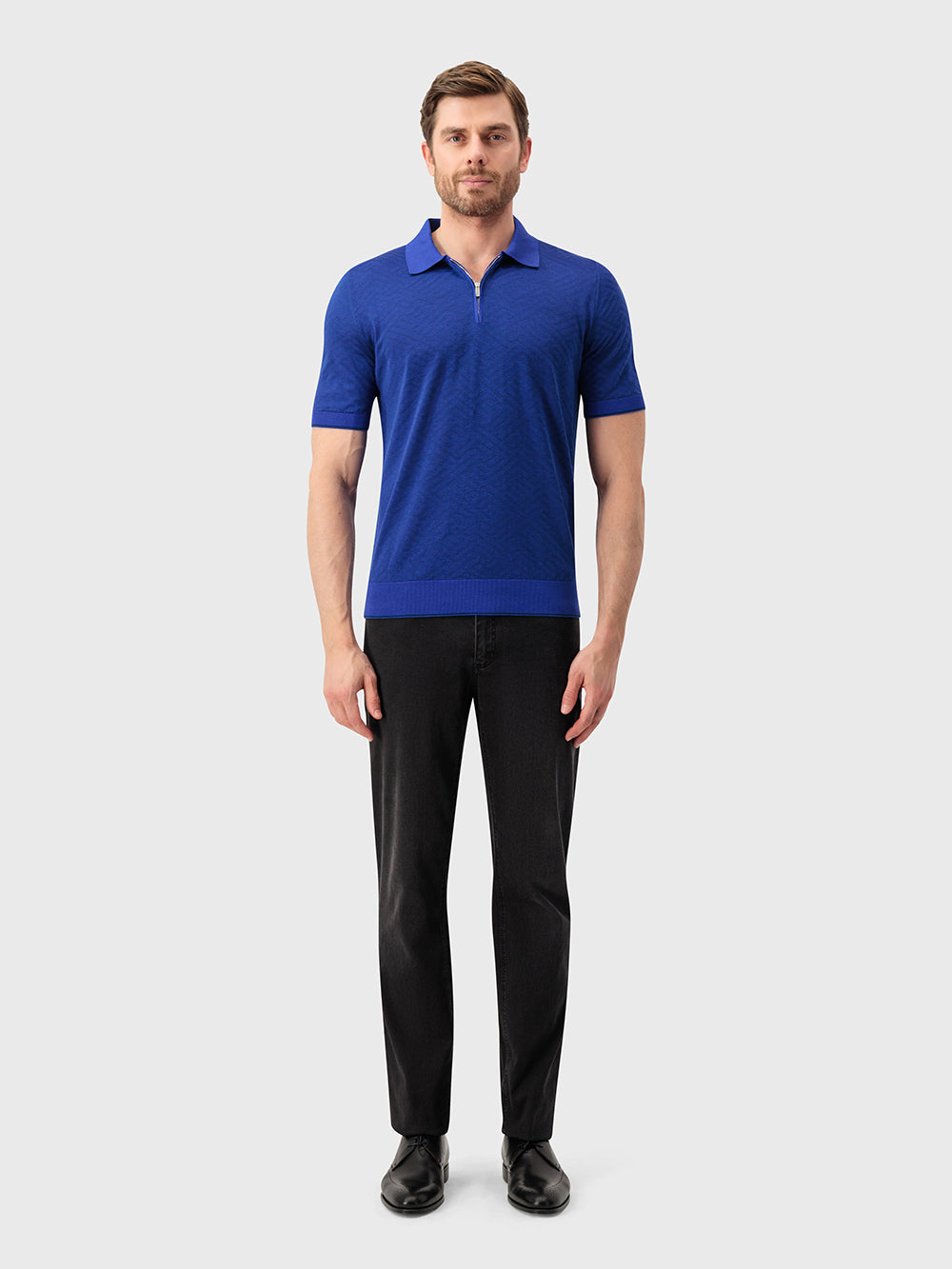 Silk-Knit Geometric Pattern Polo Shirt - Electric Blue