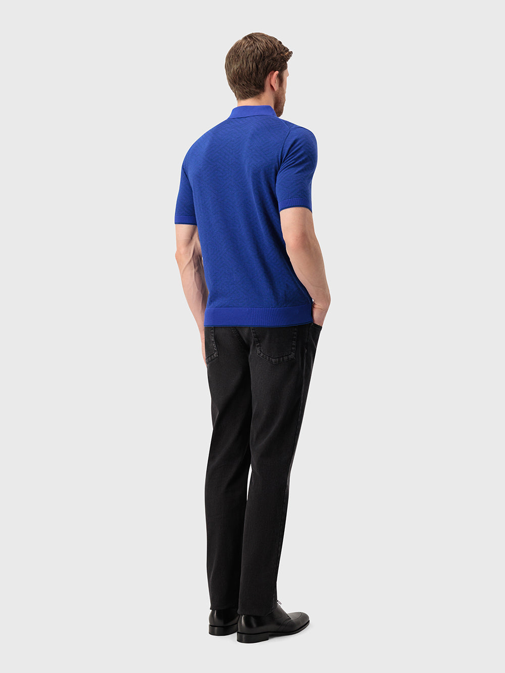 Silk-Knit Geometric Pattern Polo Shirt - Electric Blue