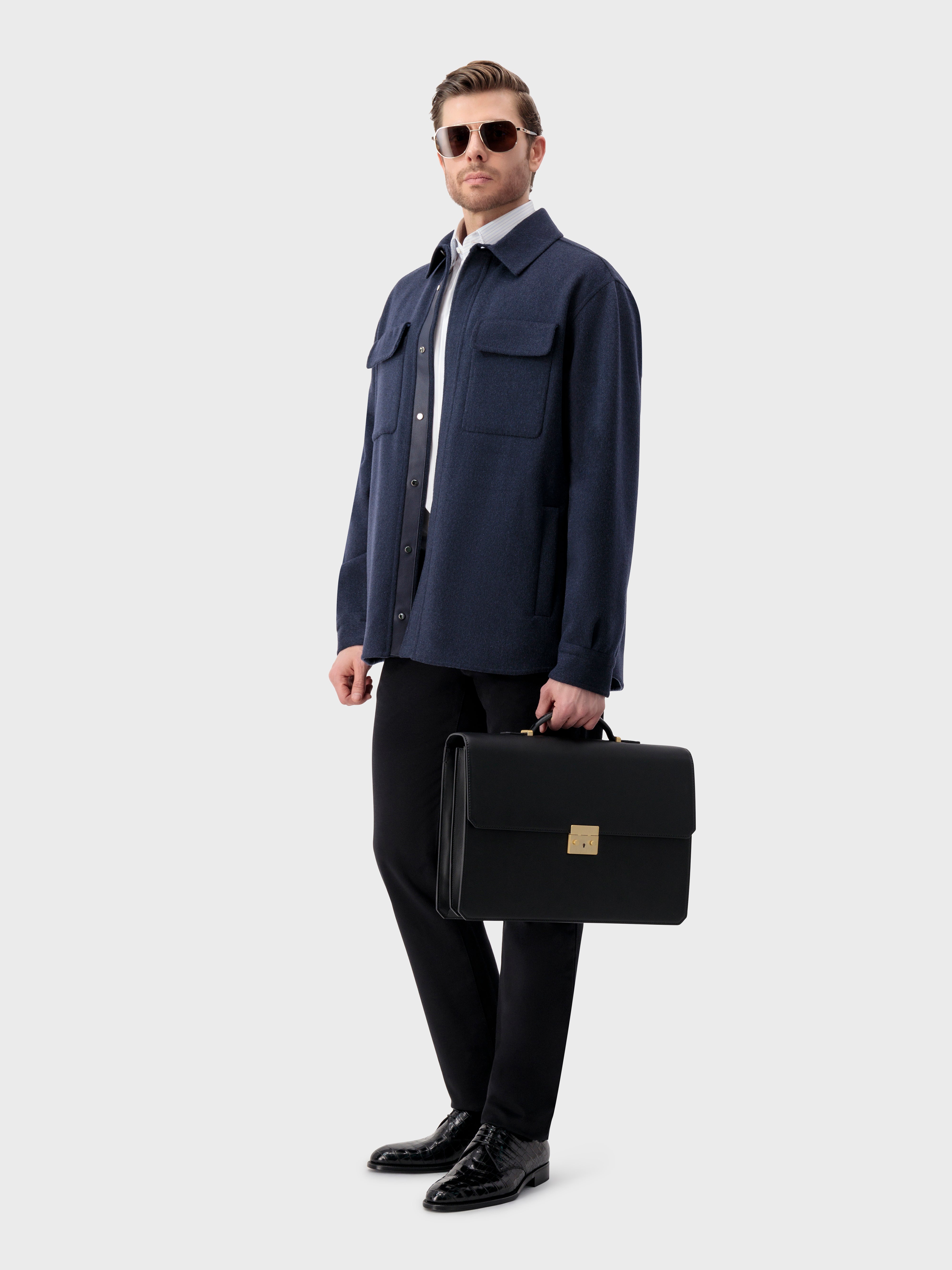 Gold-Finish Buckle Calfskin Briefcase - Black