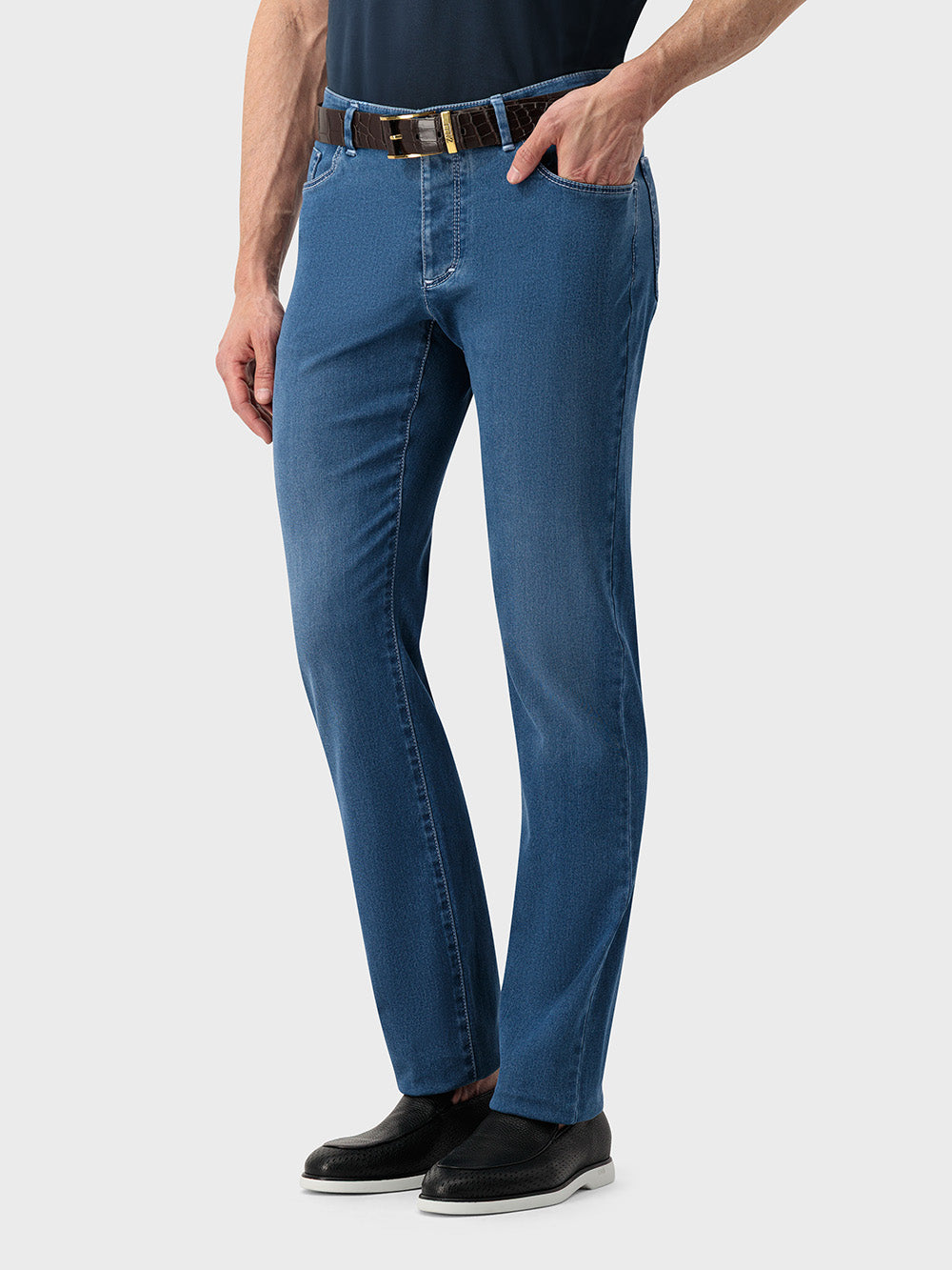 Slim Fit "Big Lion" Embroidery Denim Cotton Trousers - Blue Jeans