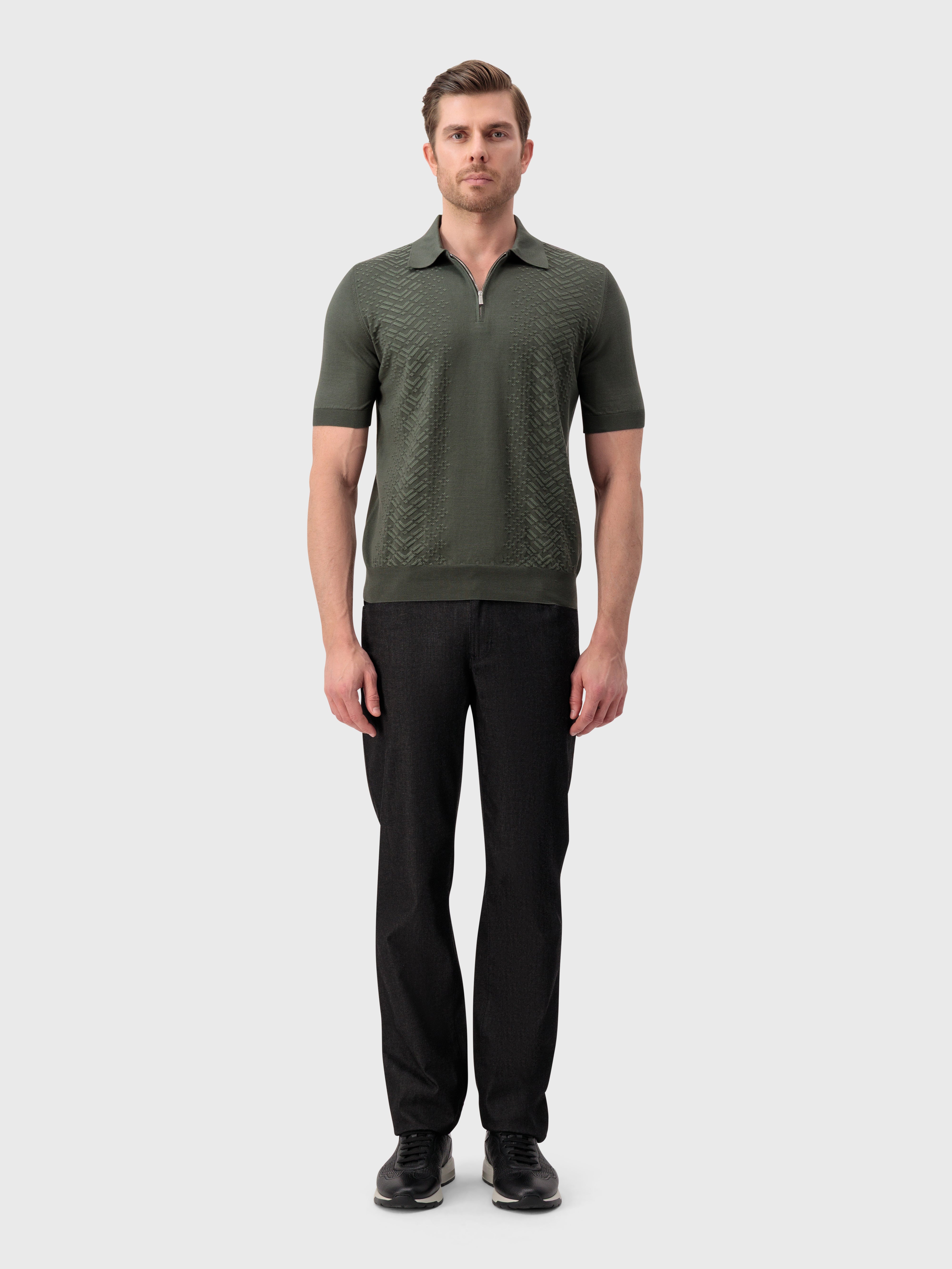 "Micro Lozenges" Silk Knit Polo - Deep Military