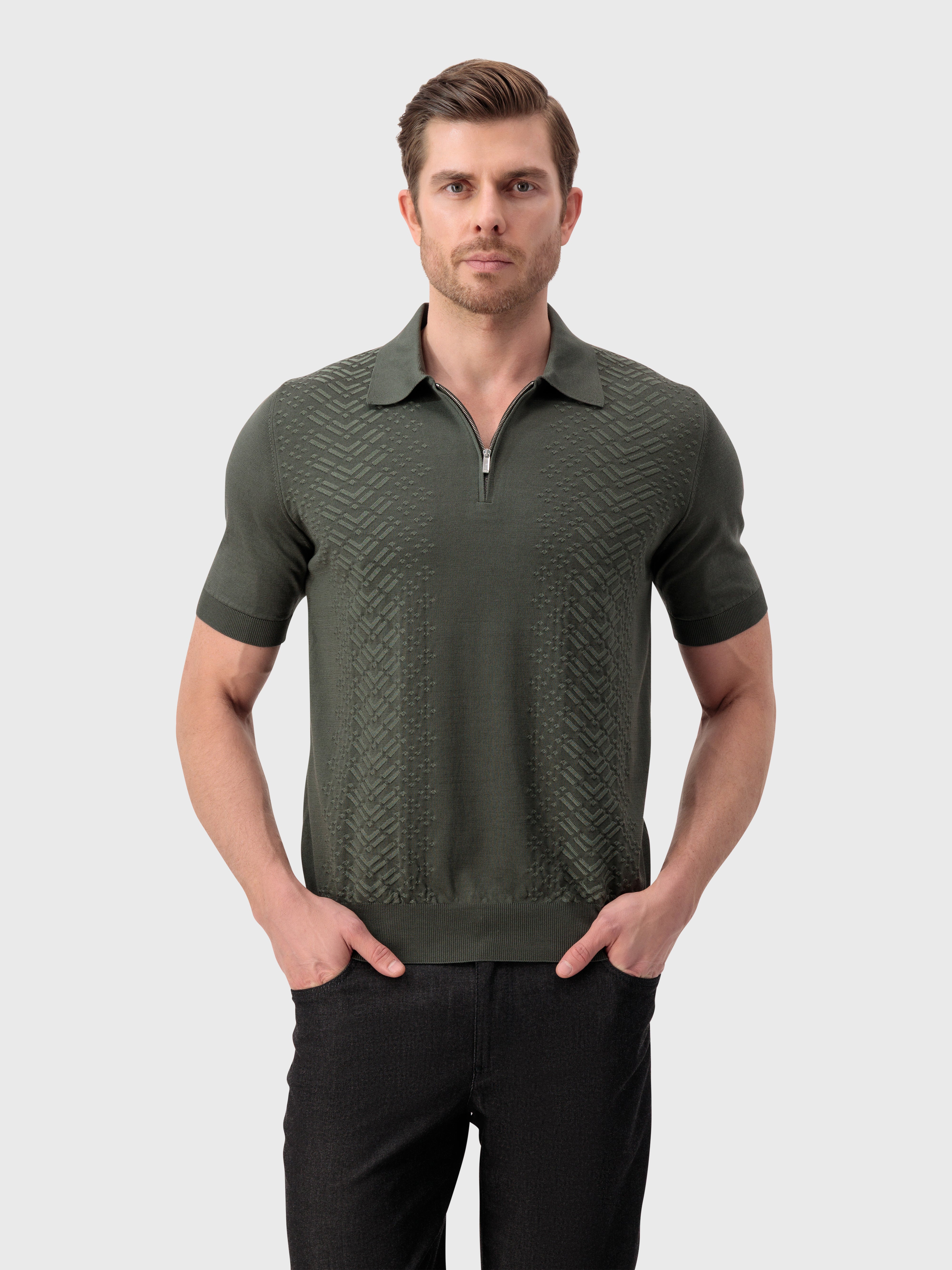 "Micro Lozenges" Silk Knit Polo - Deep Military