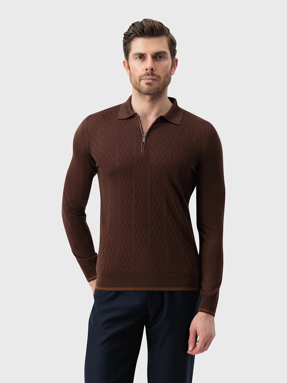 100% Silk Half-Zip Knit with Crocodile Leather Trim – Chocolate