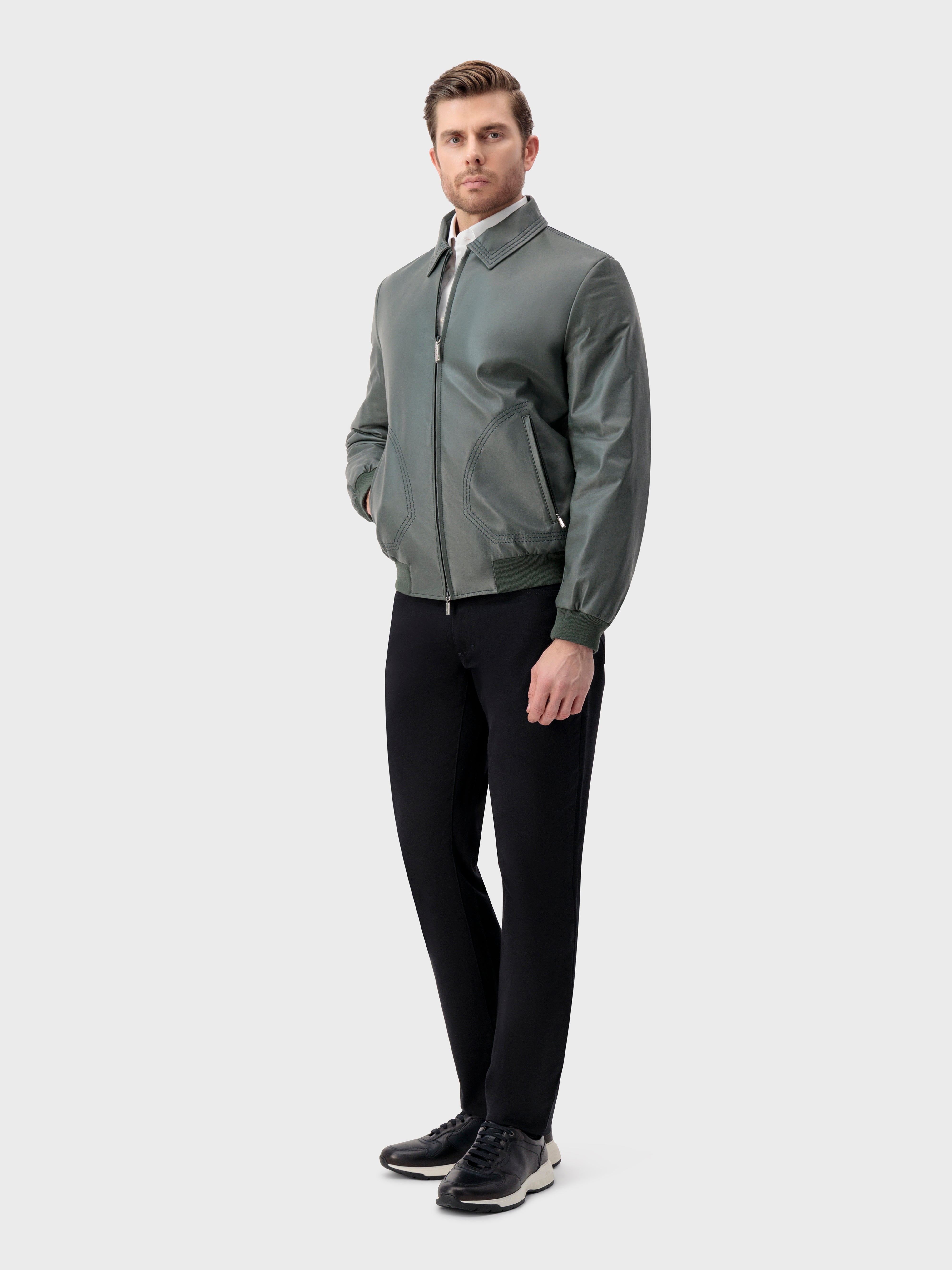 Triple-Stitched Collar Leather Jacket - Deep Military