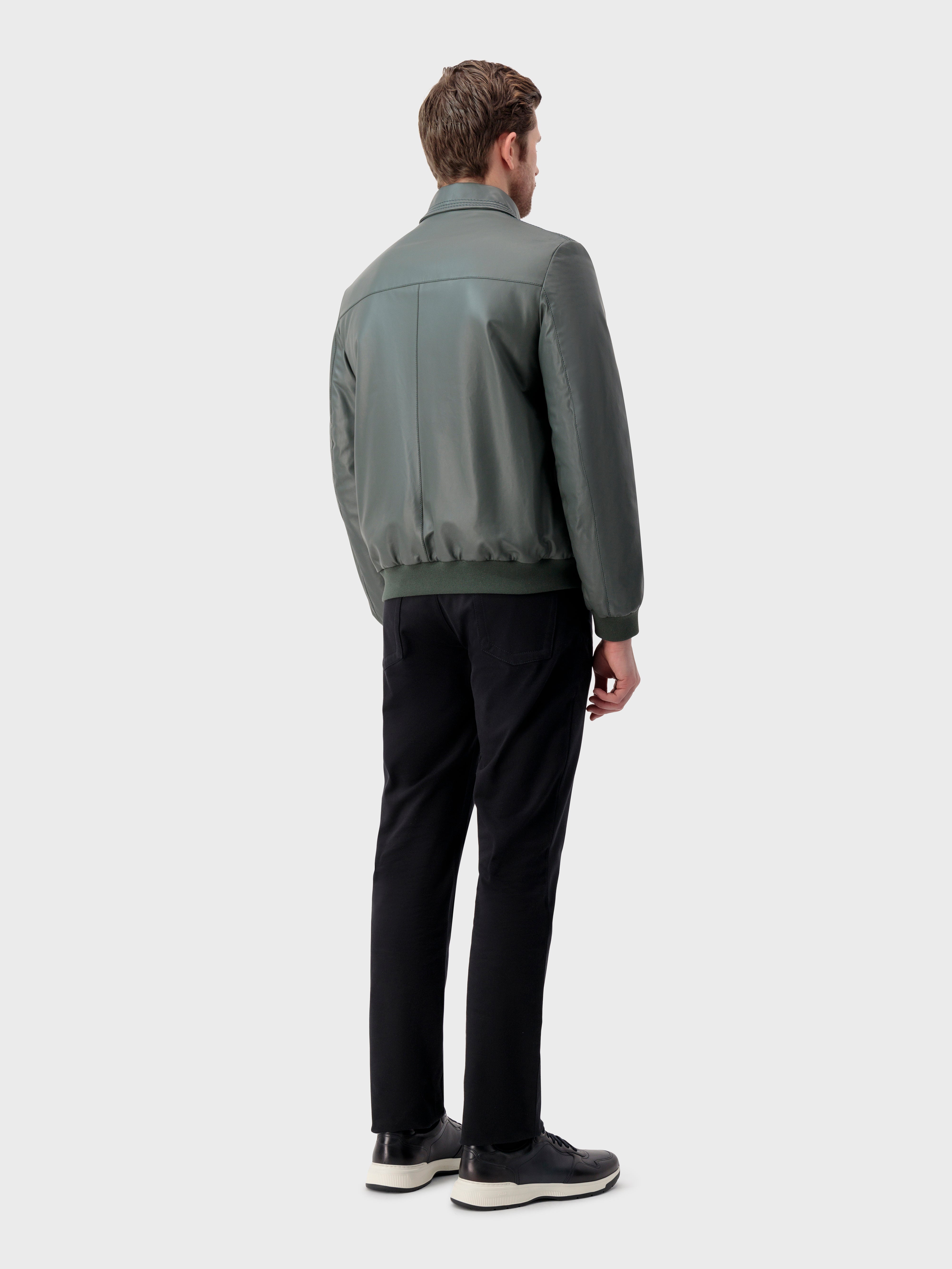 Triple-Stitched Collar Leather Jacket - Deep Military