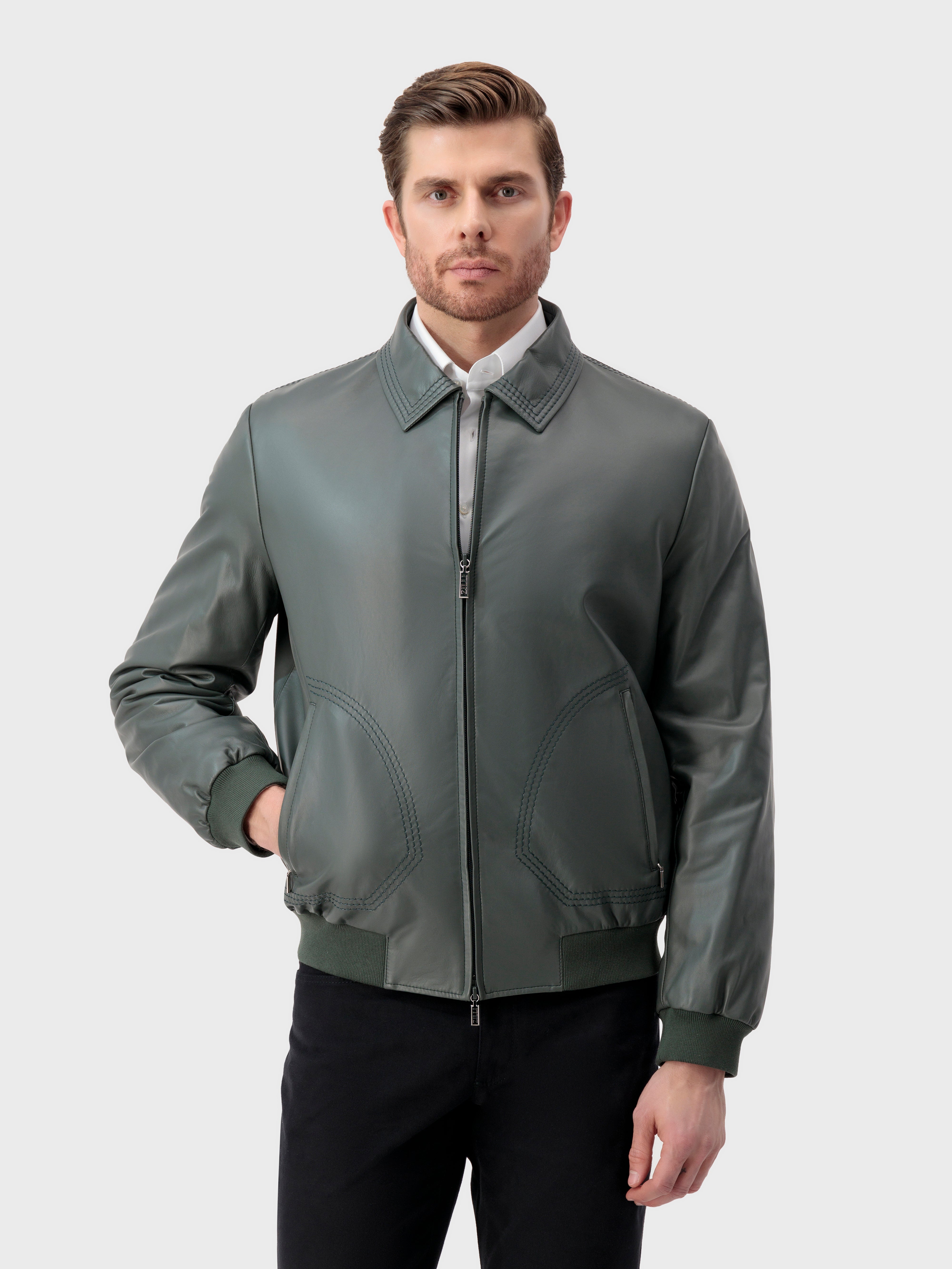 Triple-Stitched Collar Leather Jacket - Deep Military