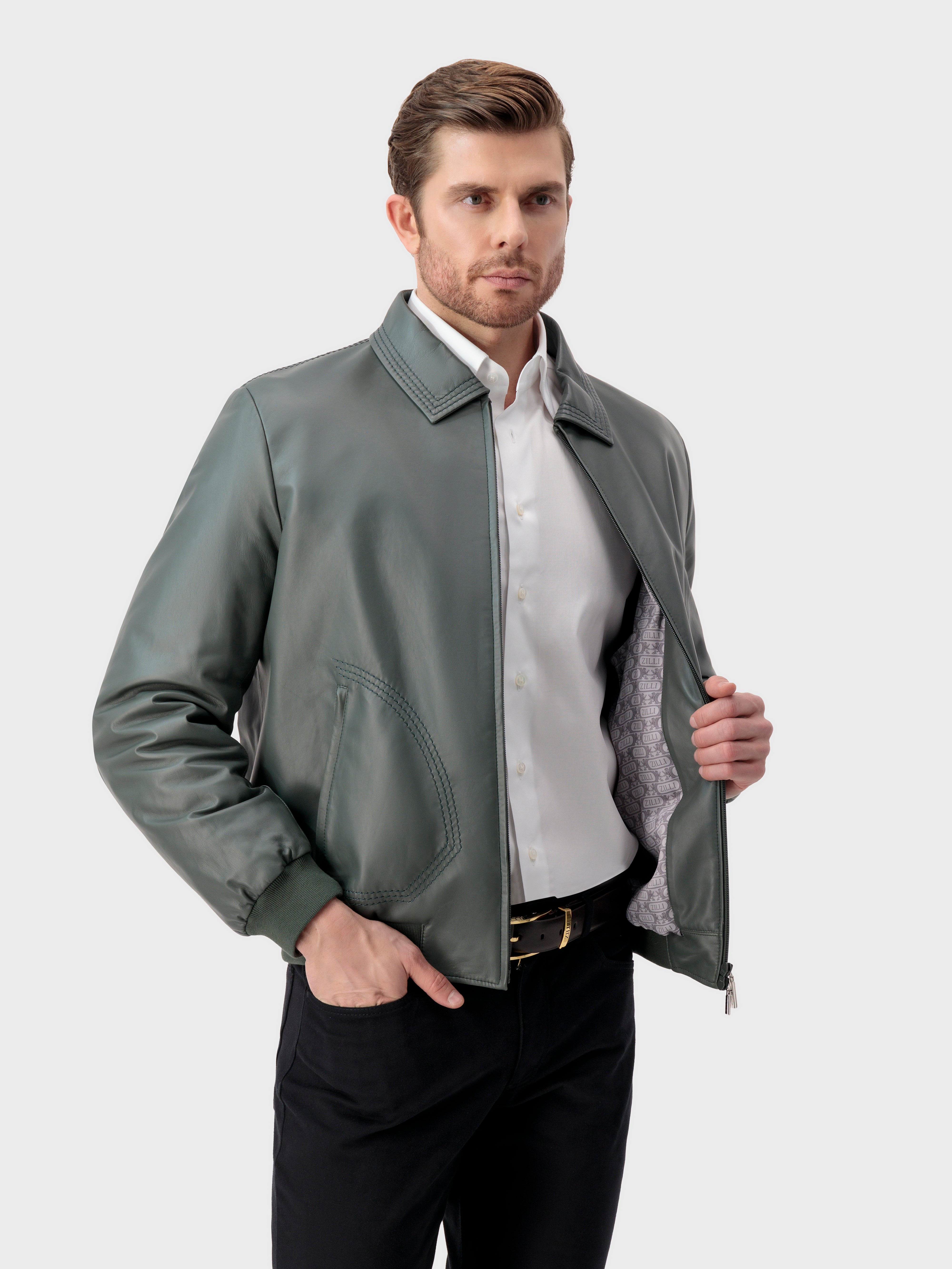 Triple-Stitched Collar Leather Jacket - Deep Military