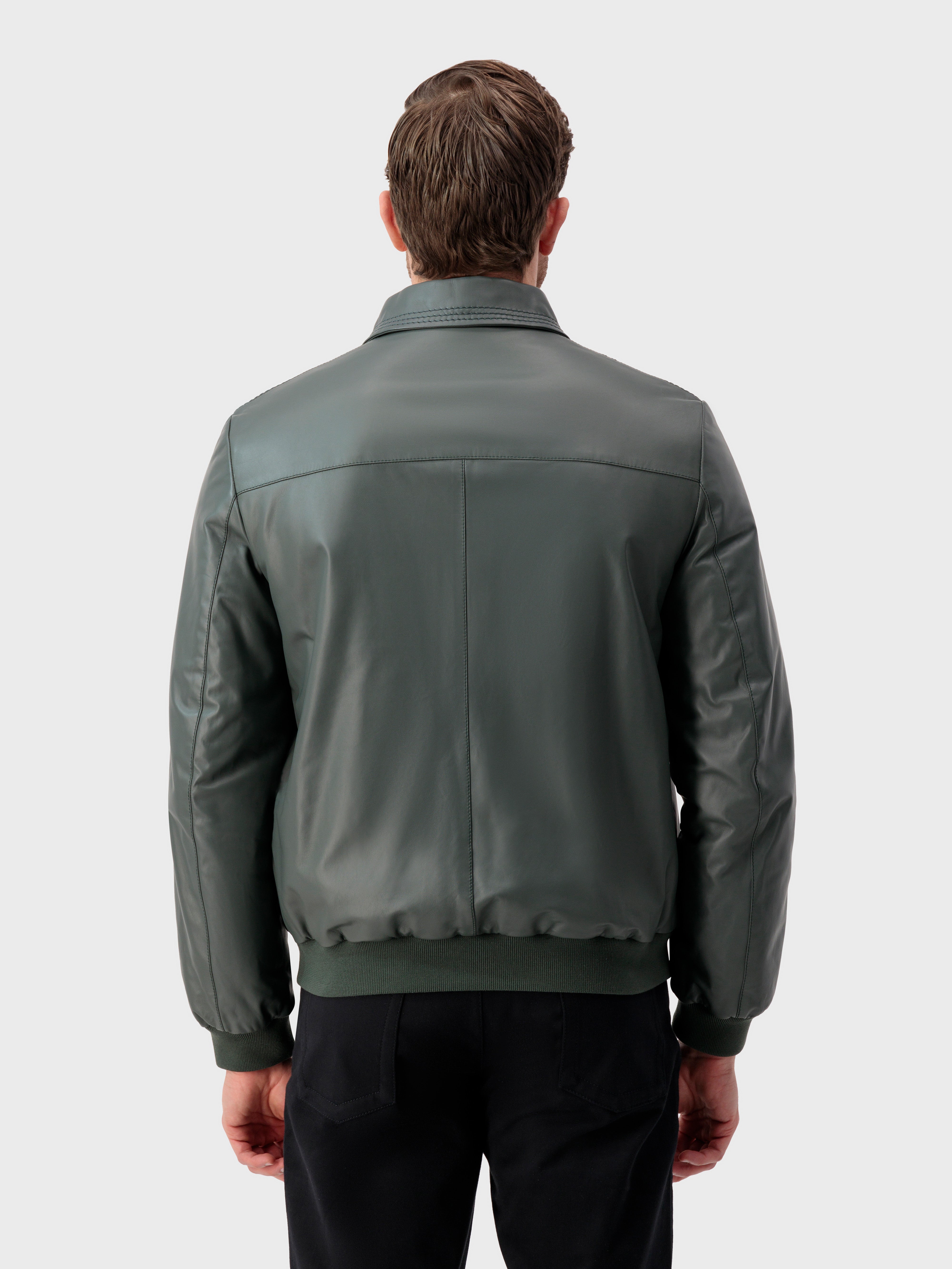 Triple-Stitched Collar Leather Jacket - Deep Military