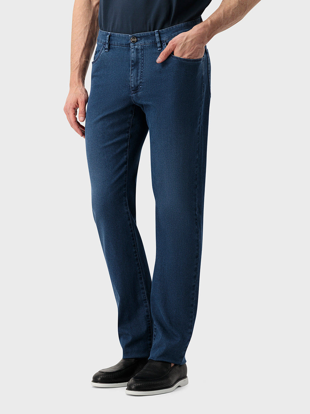 Slim Fit "Big Lion" Embroidery Denim Cotton Trousers - Blue