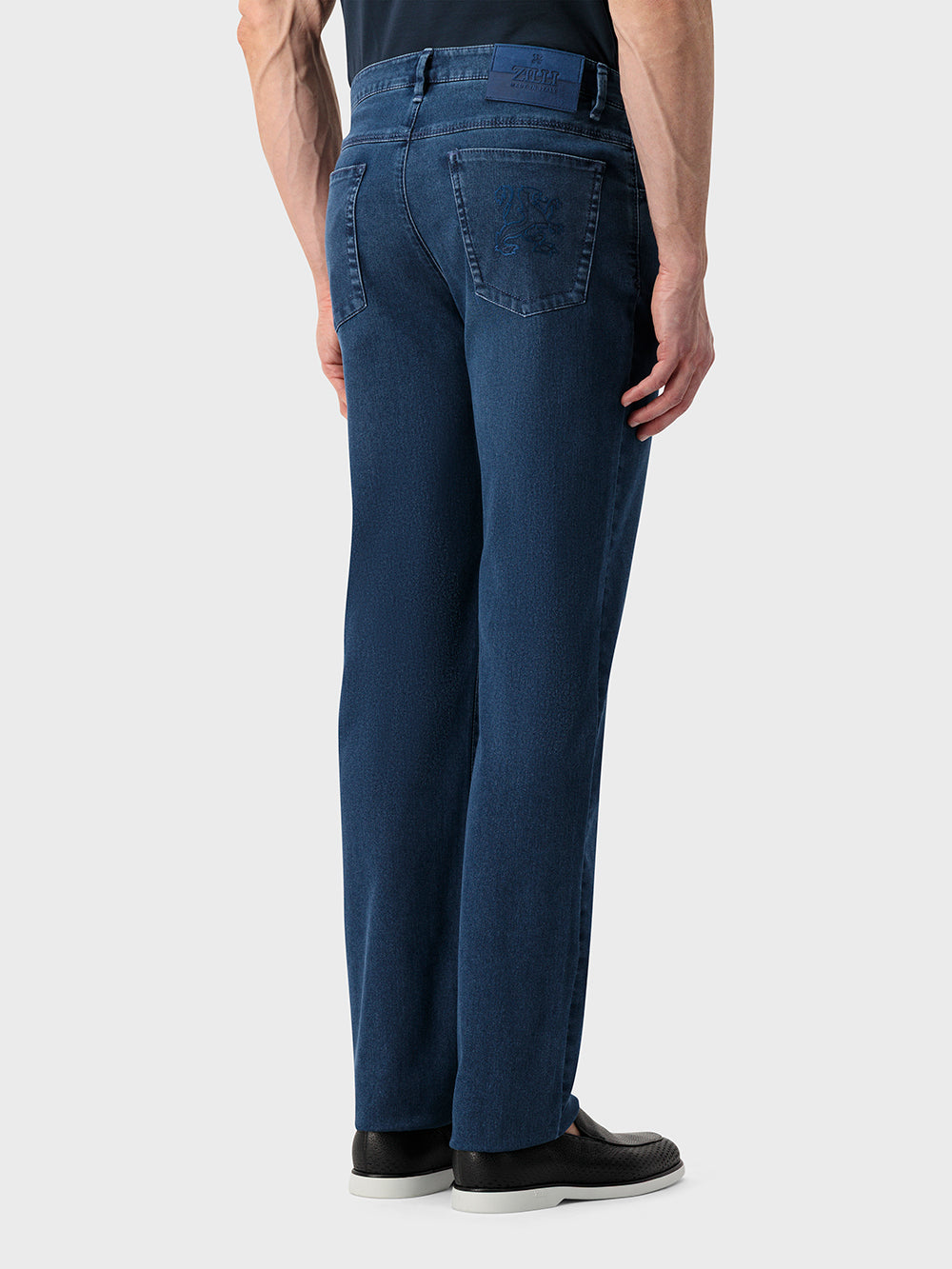 Slim Fit "Big Lion" Embroidery Denim Cotton Trousers - Blue