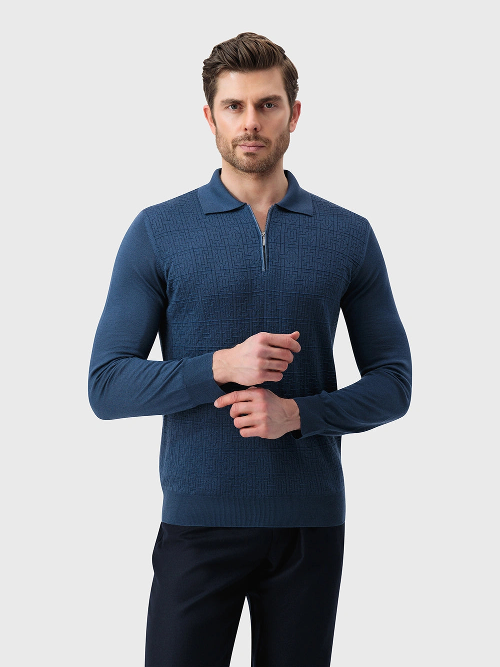 Jacquard Polo Half-Zip Knit with Crocodile Leather Trim – Smoke Blue