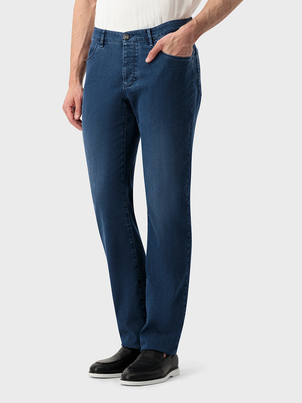 Slim Fit "Big Lion" Embroidery Denim Cotton Trousers - Blue