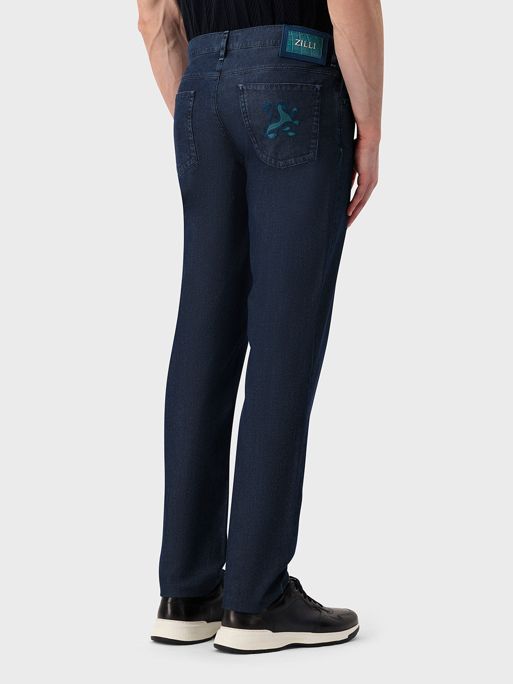 Slim Fit "Big Lion" Embroidery Denim Cotton Trousers - Blue