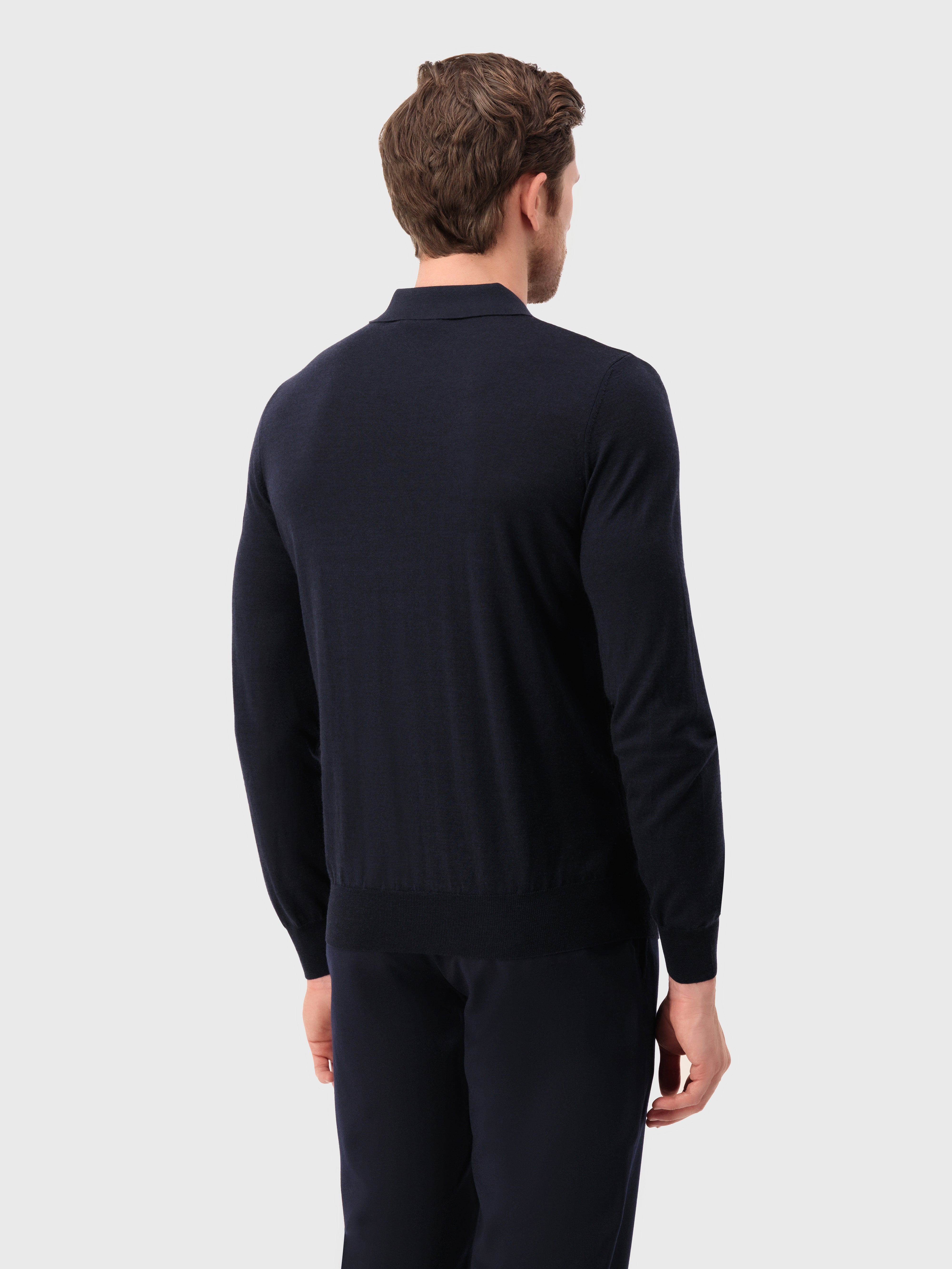 Zipped Knitwear Polo in Wool, Silk, and Cashmere Dark Navy