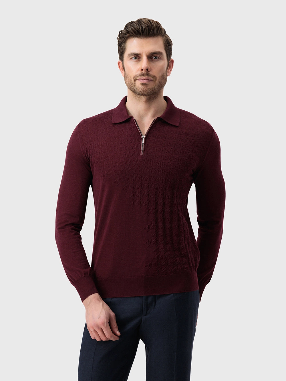 Angled Panel Polo Half-Zip Knit with Crocodile Leather Trim – Ruby