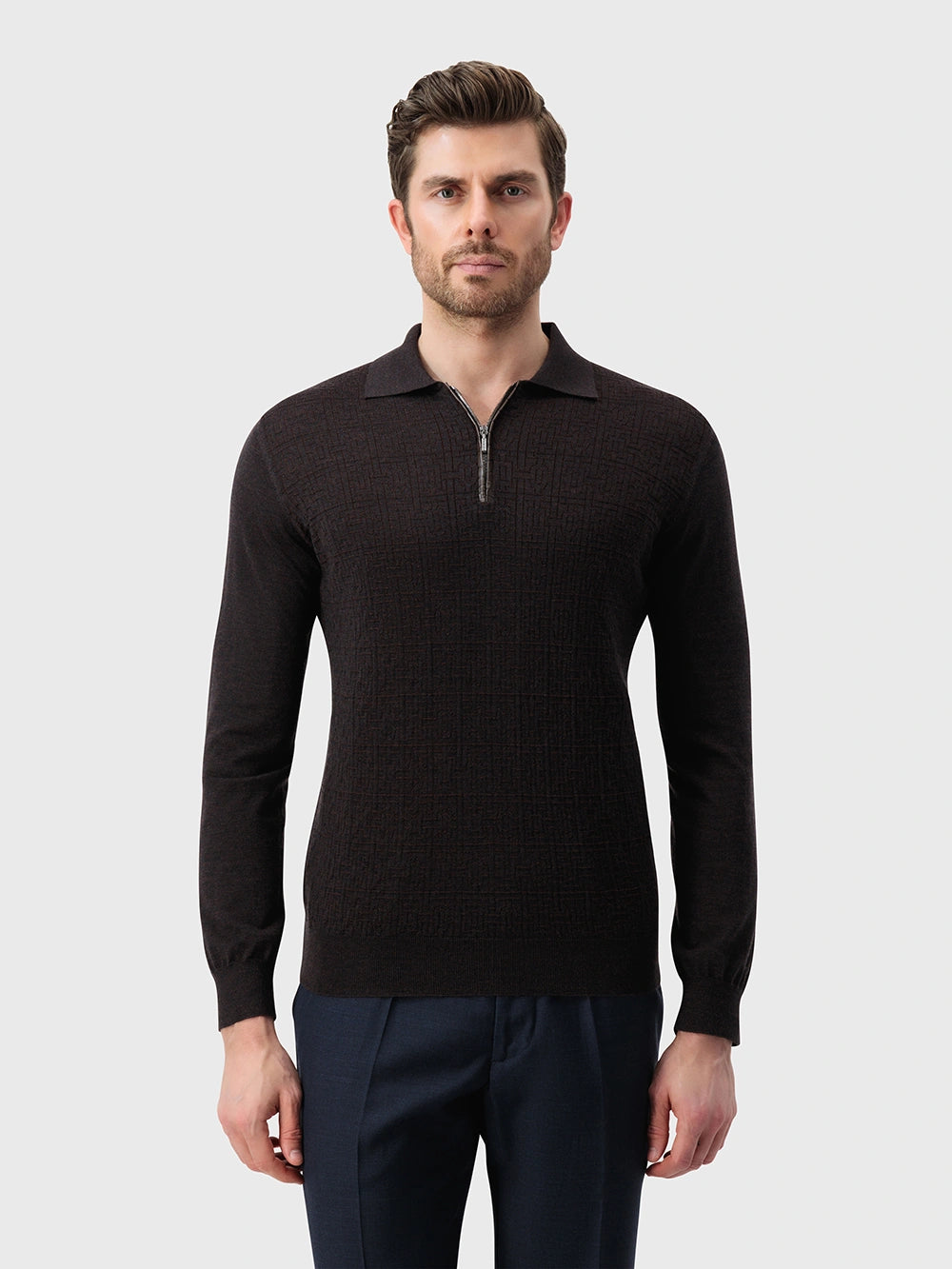 Jacquard Polo Half-Zip Knit with Crocodile Leather Trim – Chocolate