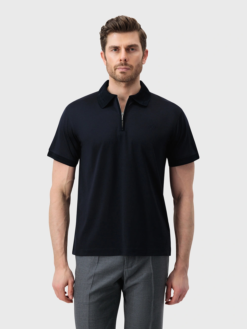 Wool Knit Polo T-Shirt with Half-Zip – Dark Navy
