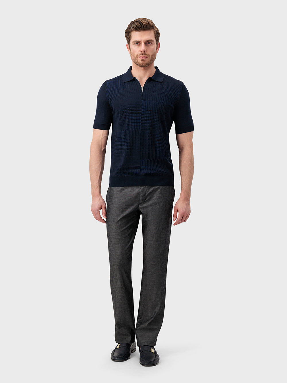 "Square" Silk and Cotton Knit Polo - Blue Navy