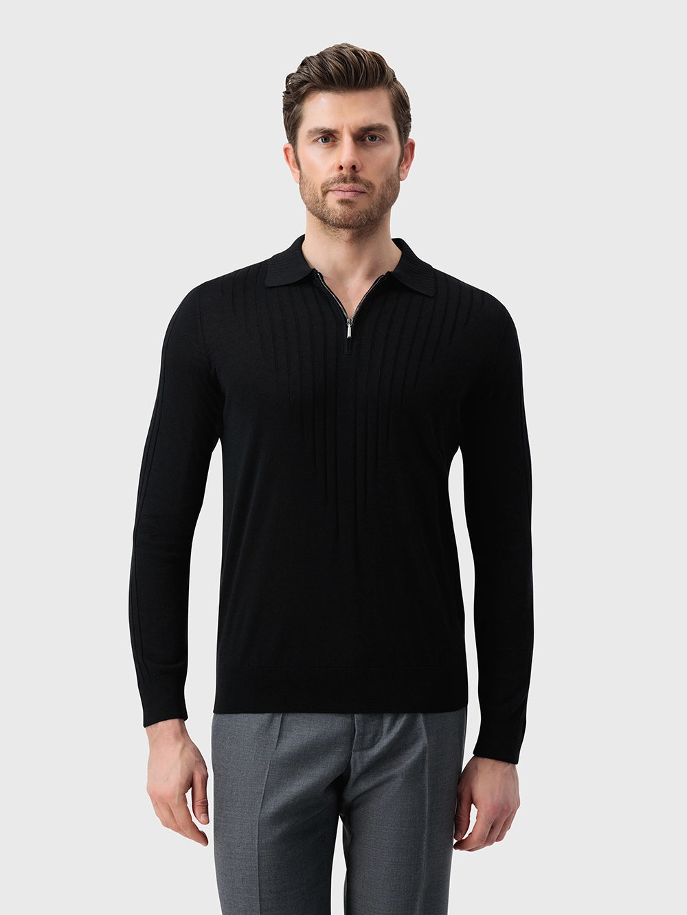 Wool-Silk Blend Half-Zip Knit with Inverted V Rib Panel – Black