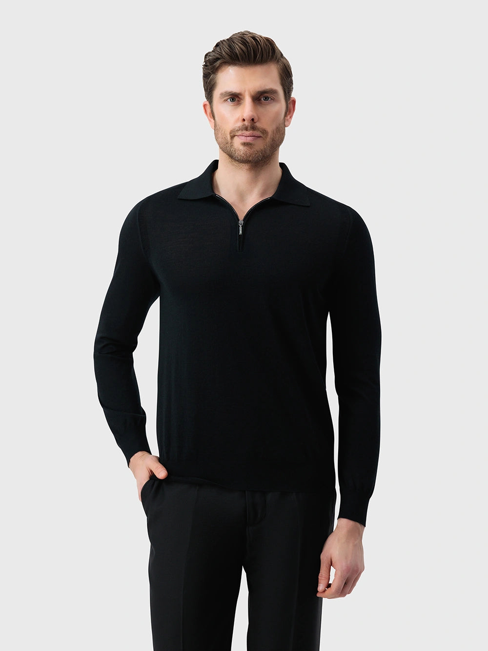Wool-Silk Lightweight Polo Half-Zip Knit – Black