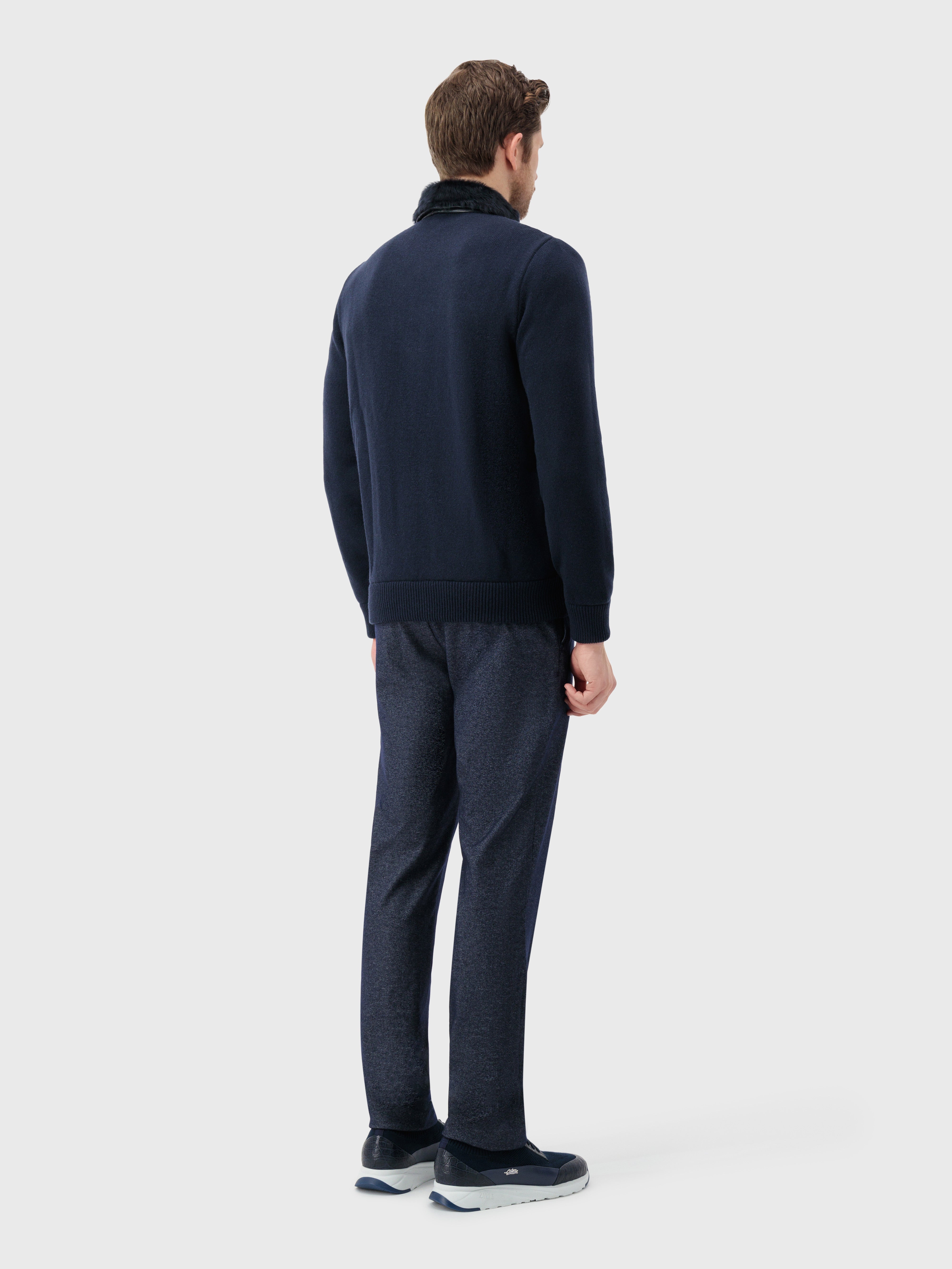 Lambskin Zip-Up with Crossed Stripes Pattern Dark Navy