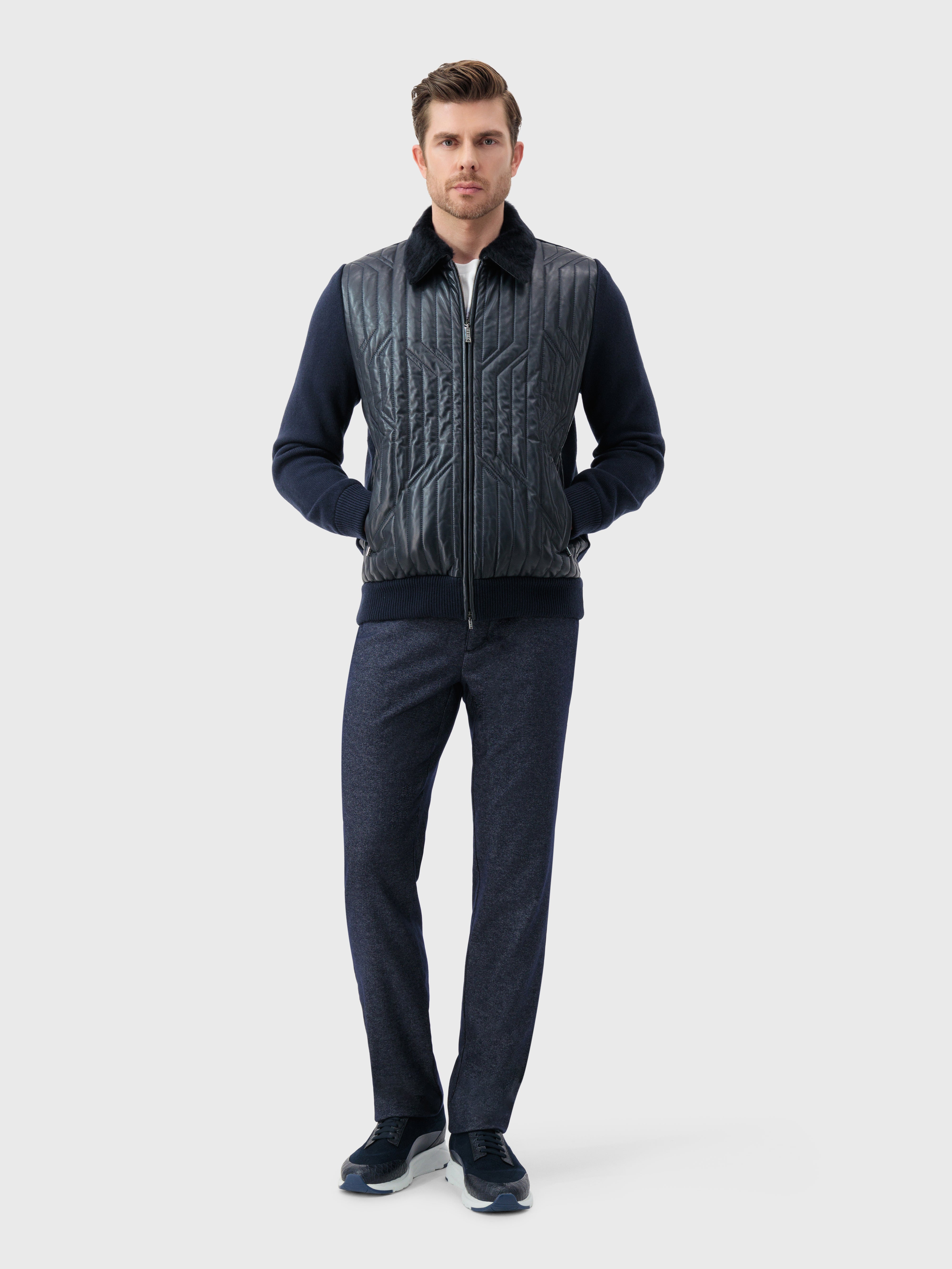 Lambskin Zip-Up with Crossed Stripes Pattern Dark Navy