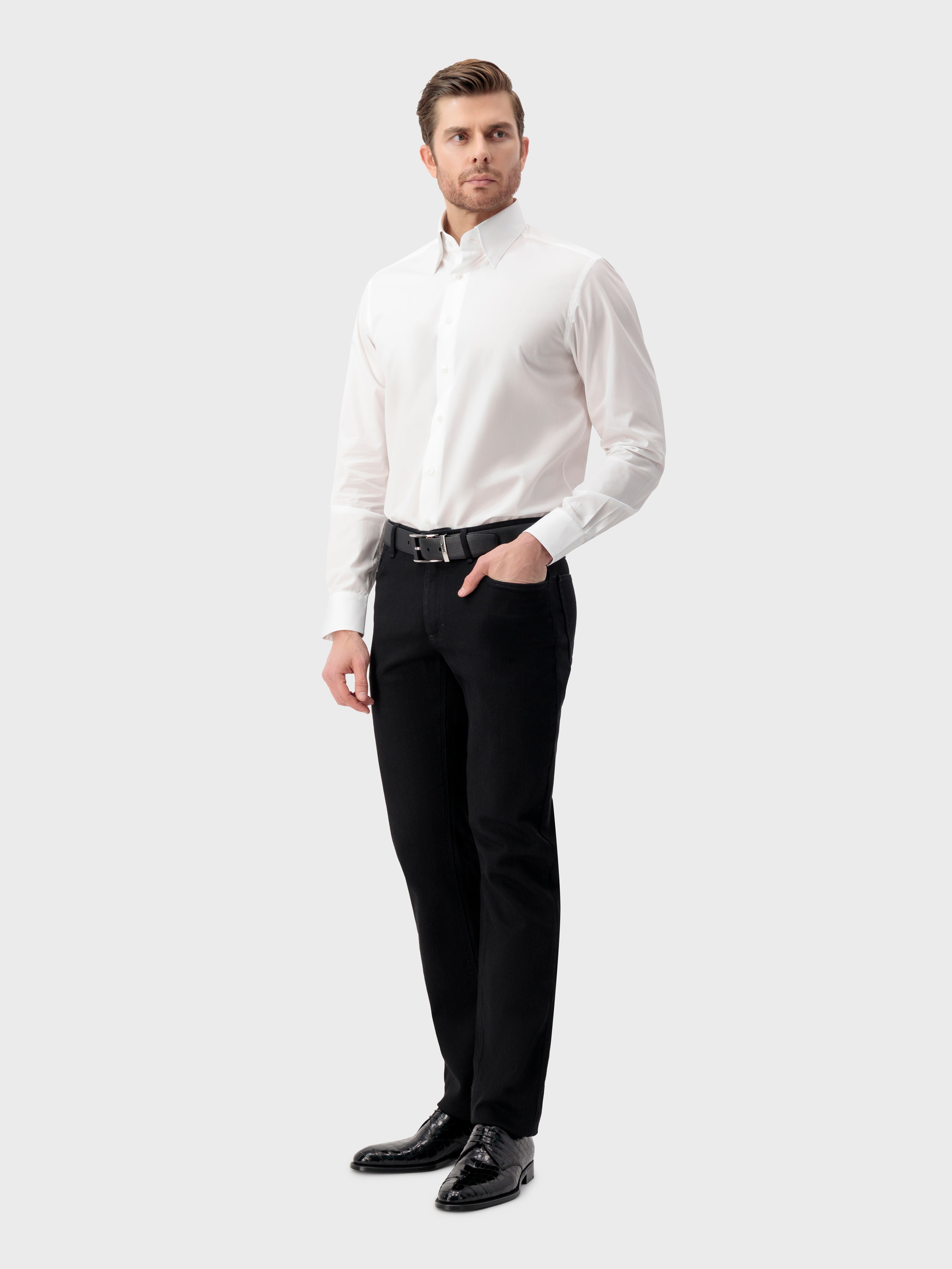 Triple-Stitched Hidden Button Collar Cotton Shirt - Pearl White