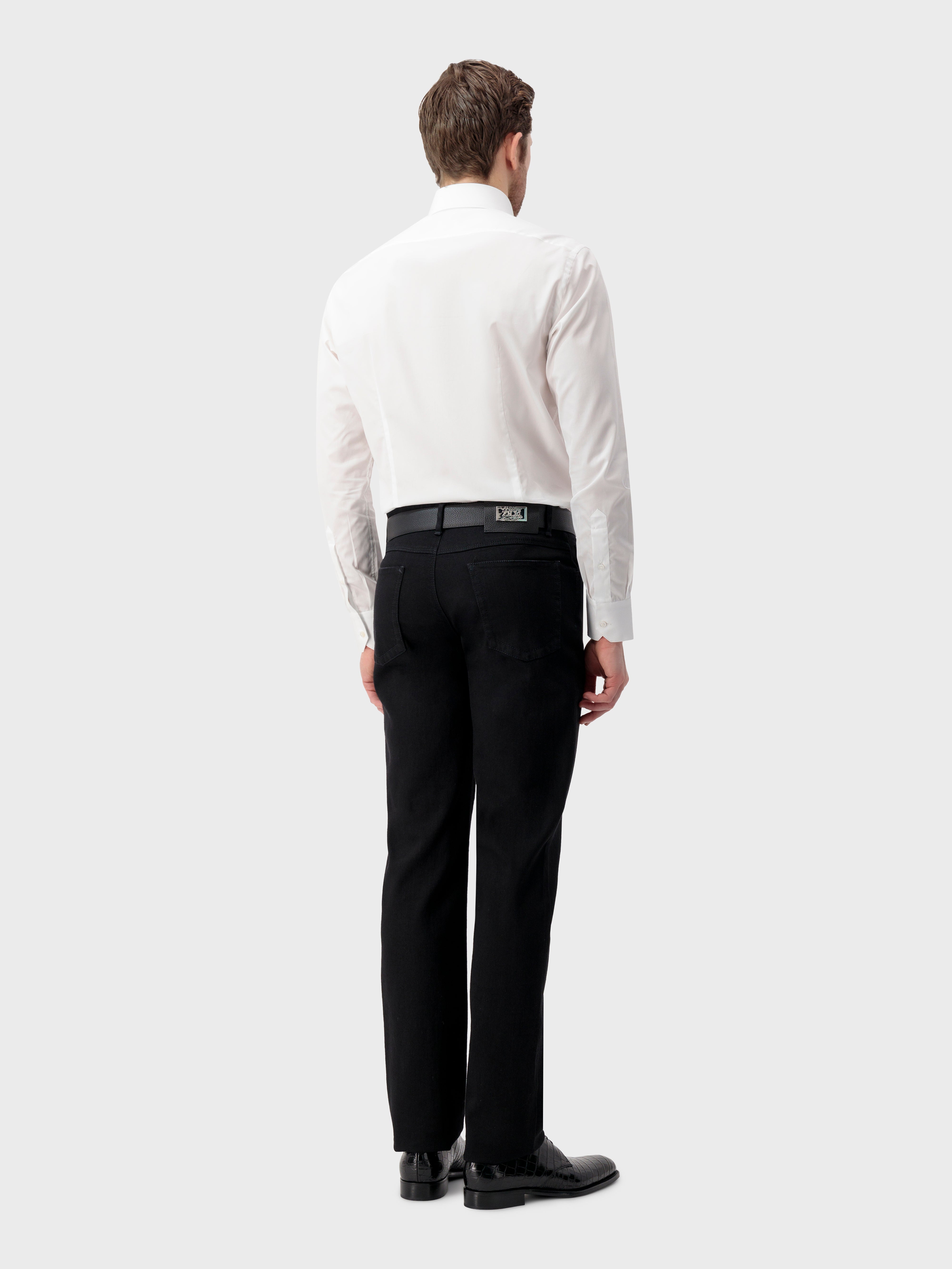 Triple-Stitched Hidden Button Collar Cotton Shirt - Pearl White