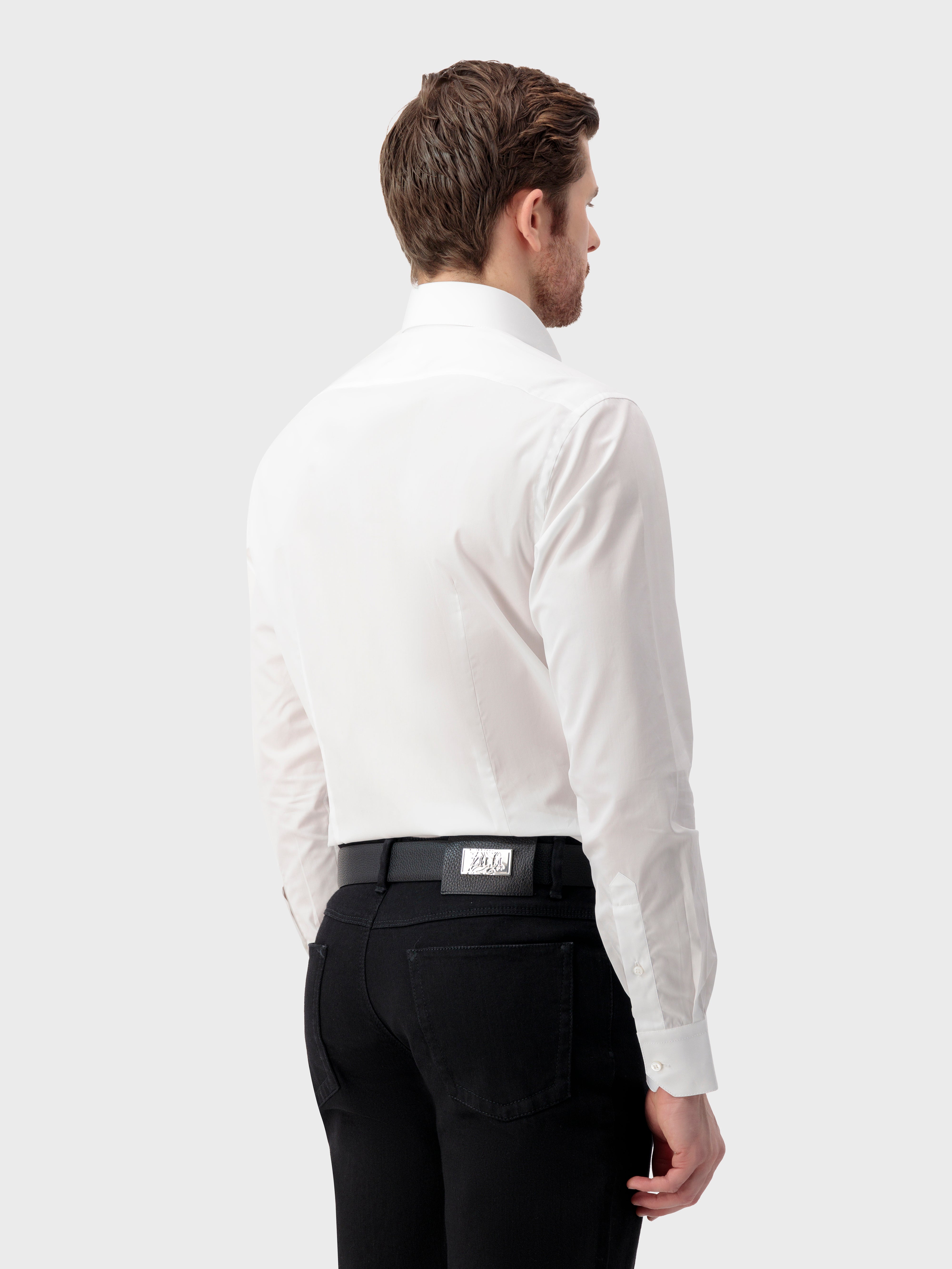 Triple-Stitched Hidden Button Collar Cotton Shirt - Pearl White