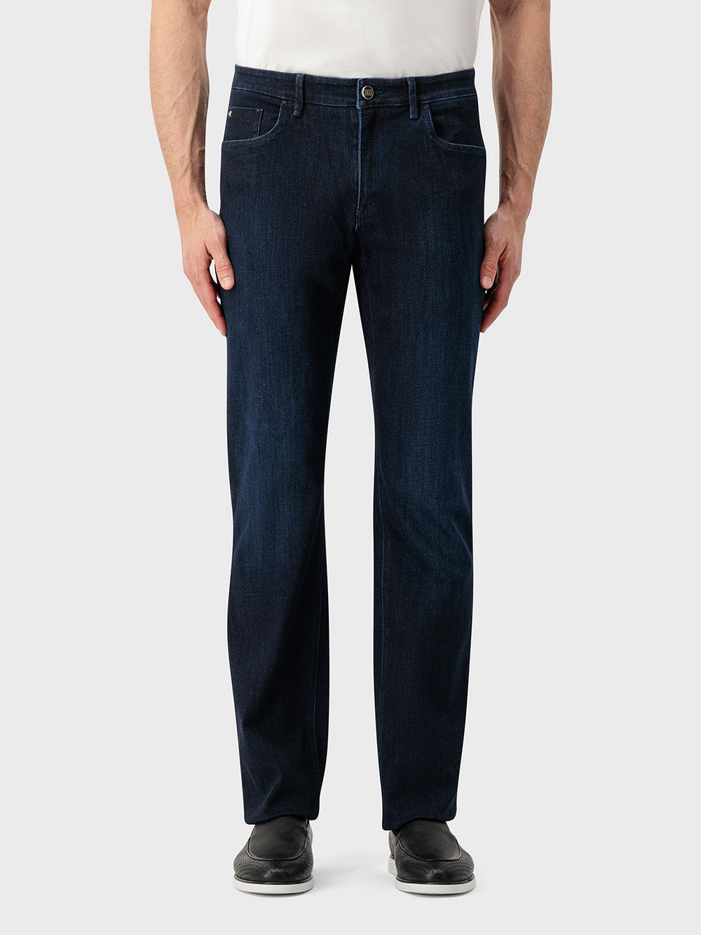 Slim Fit Crocodile-Detailed Denim Cotton Trousers - Blue