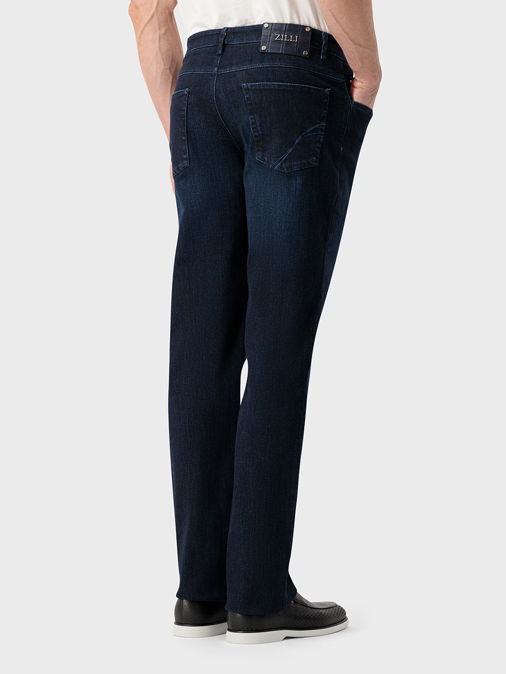Slim Fit Crocodile-Detailed Denim Cotton Trousers - Blue