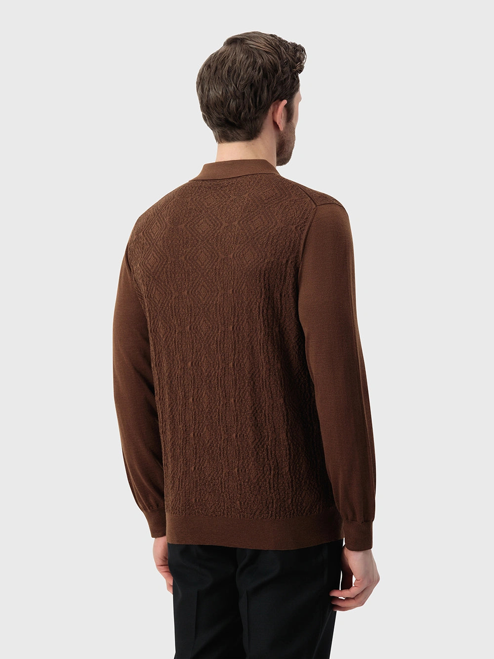 Wool-Silk Polo Half-Zip Pebbled Knit – Whiskey