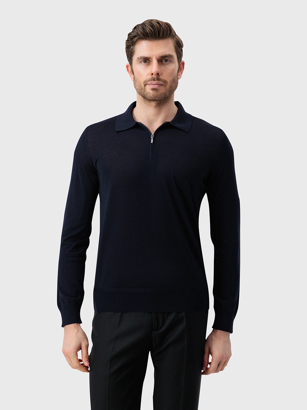100% Wool Polo Half-Zip Knit – Dark Navy