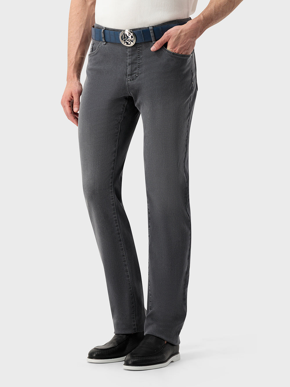 Slim Fit "Big Lion" Embroidery Denim Cotton Trousers - Soft Grey