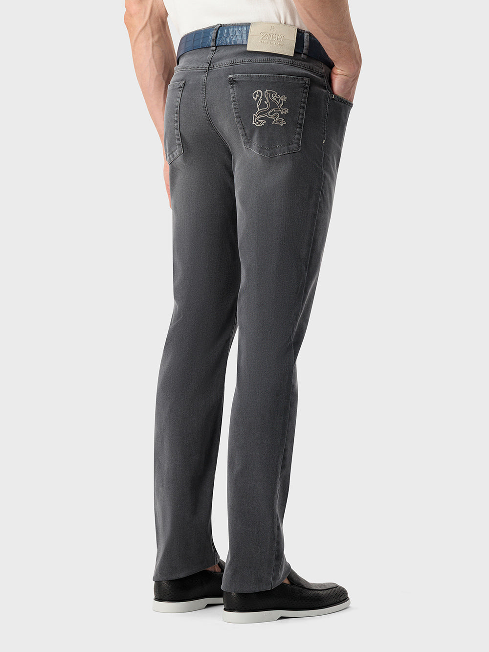 Slim Fit "Big Lion" Embroidery Denim Cotton Trousers - Soft Grey