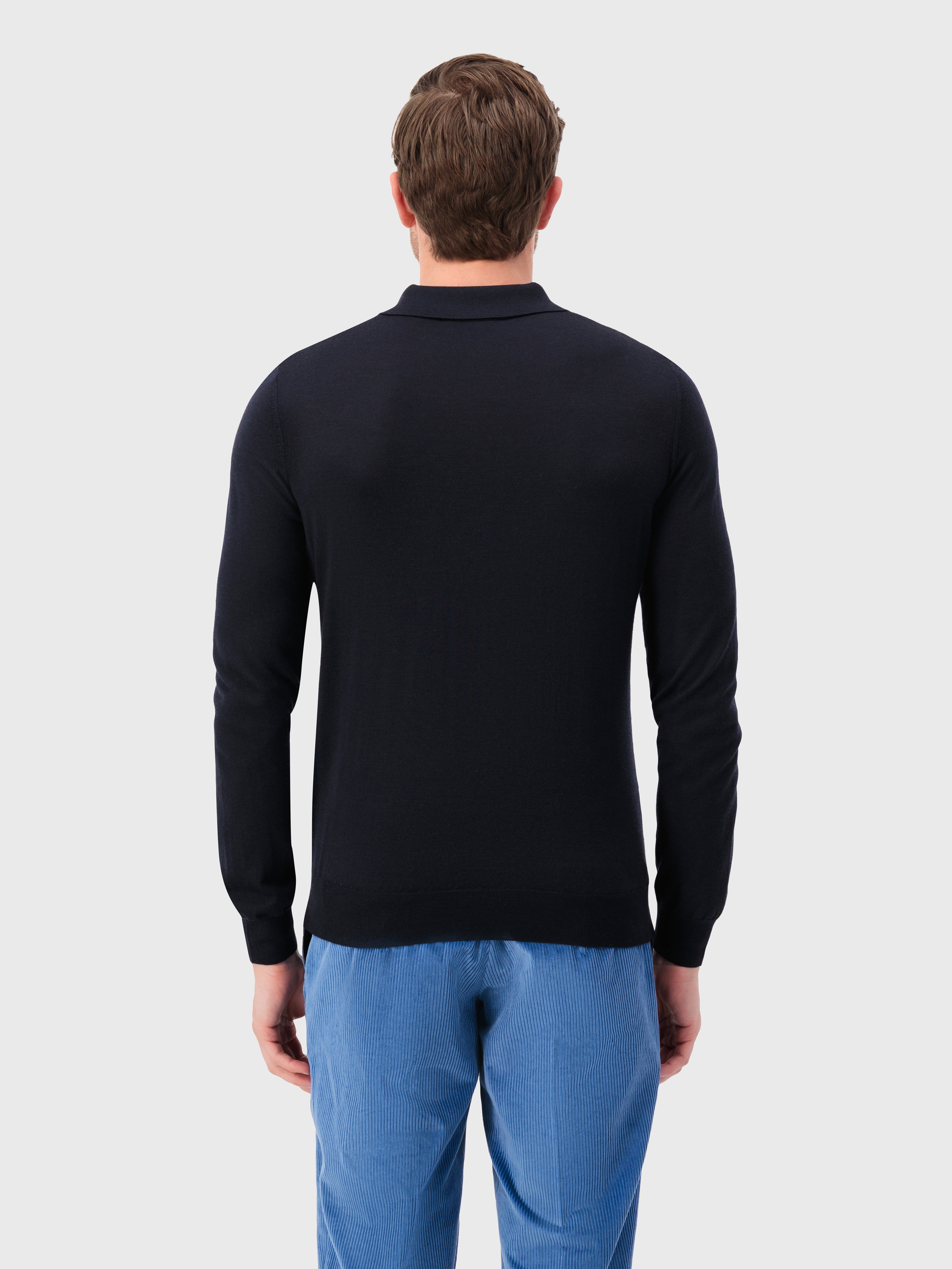 Long Sleeve Polo Shirt with Rhombus Pattern Dark Navy