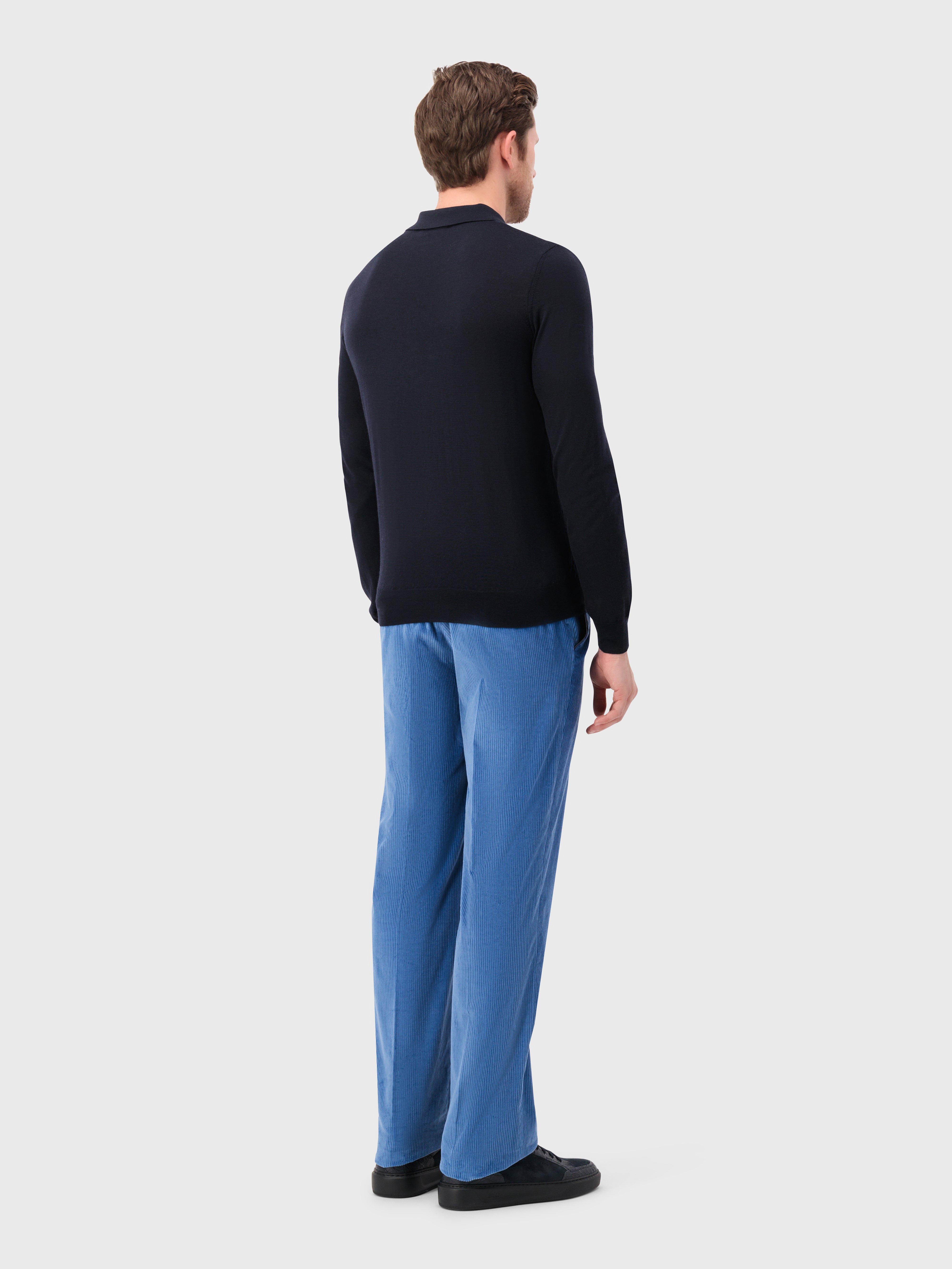 Long Sleeve Polo Shirt with Rhombus Pattern Dark Navy