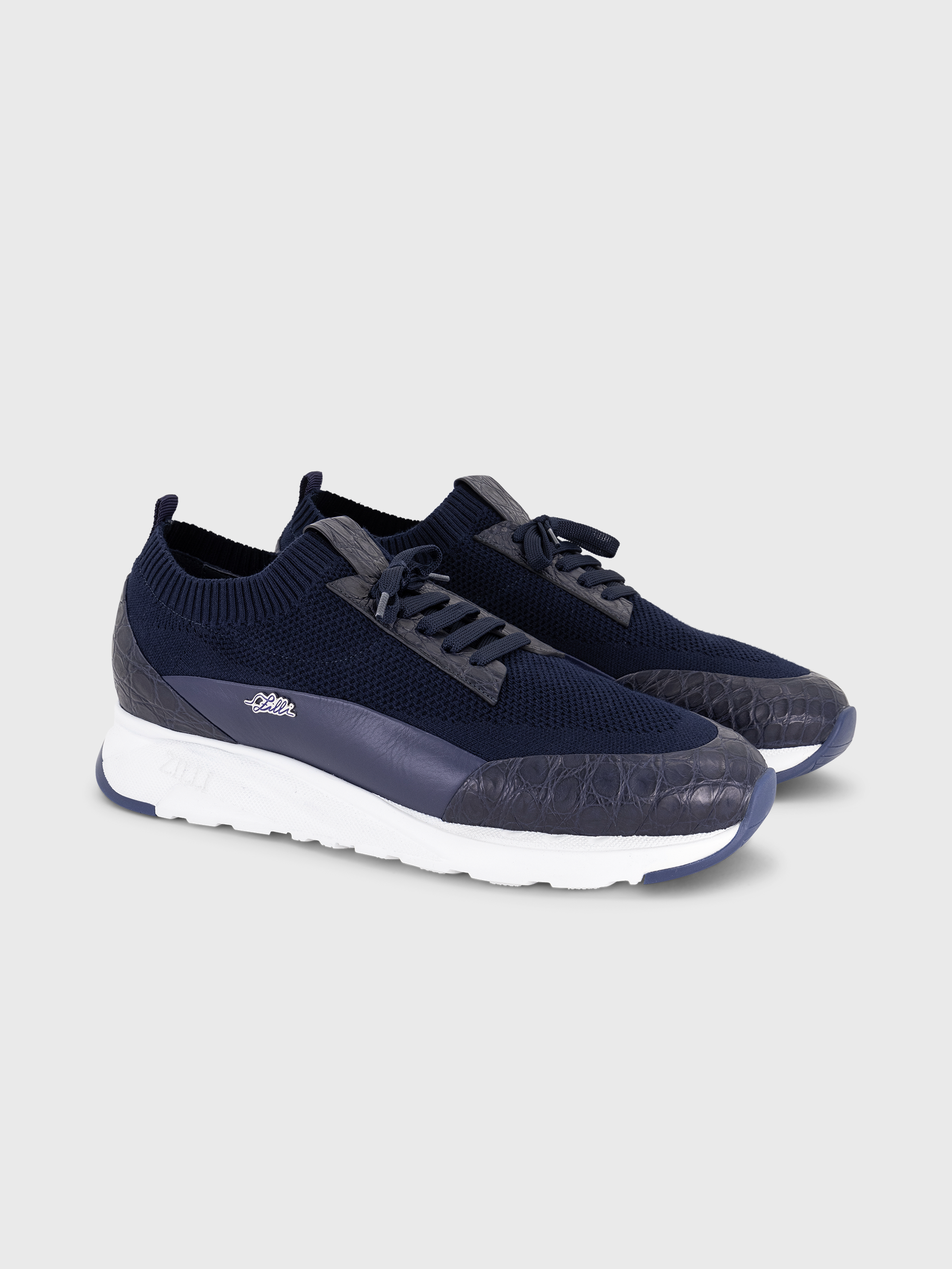 Cotton Knit Sneakers with Crocodile and Calfskin Details