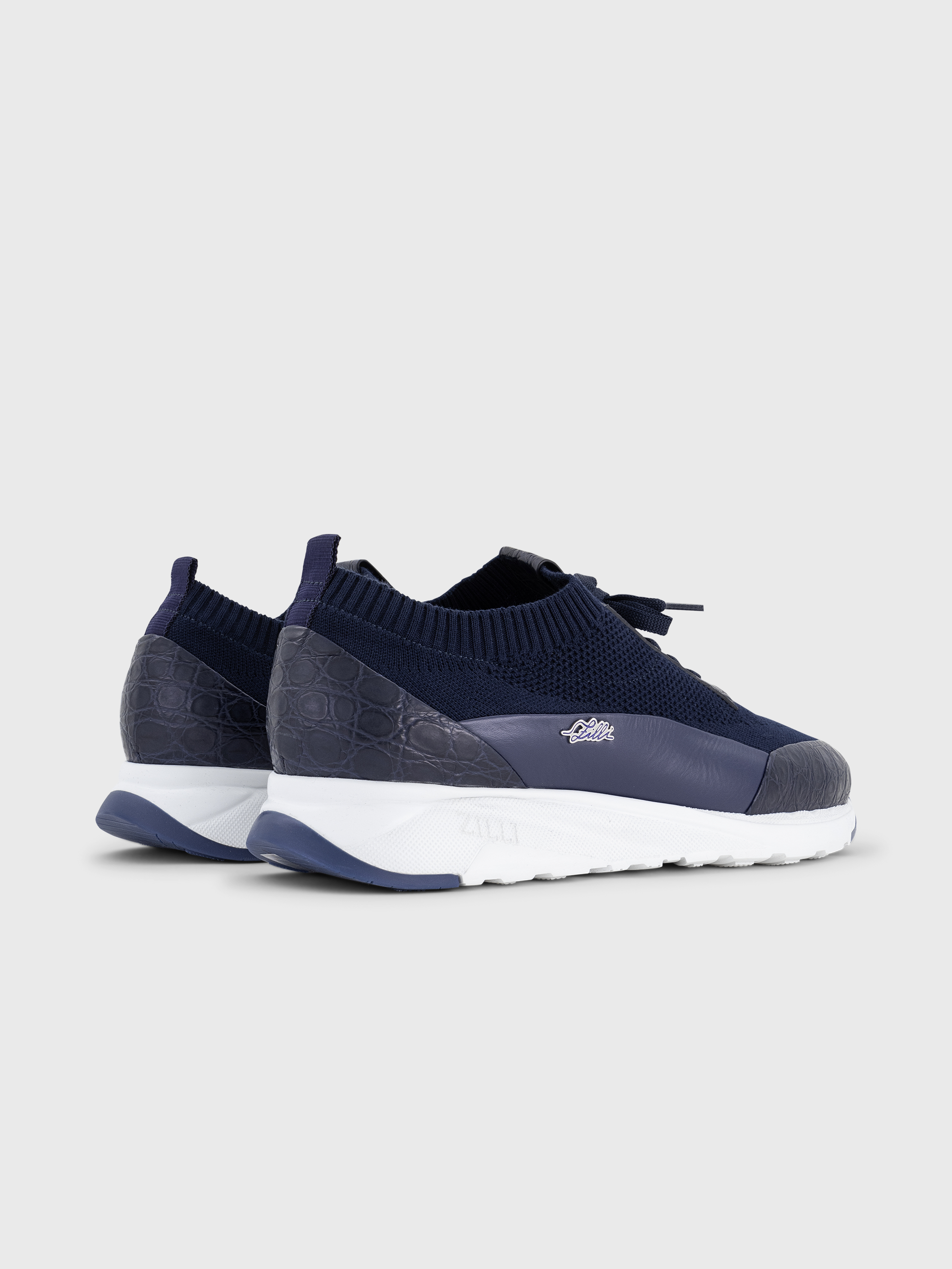 Cotton Knit Sneakers with Crocodile and Calfskin Details