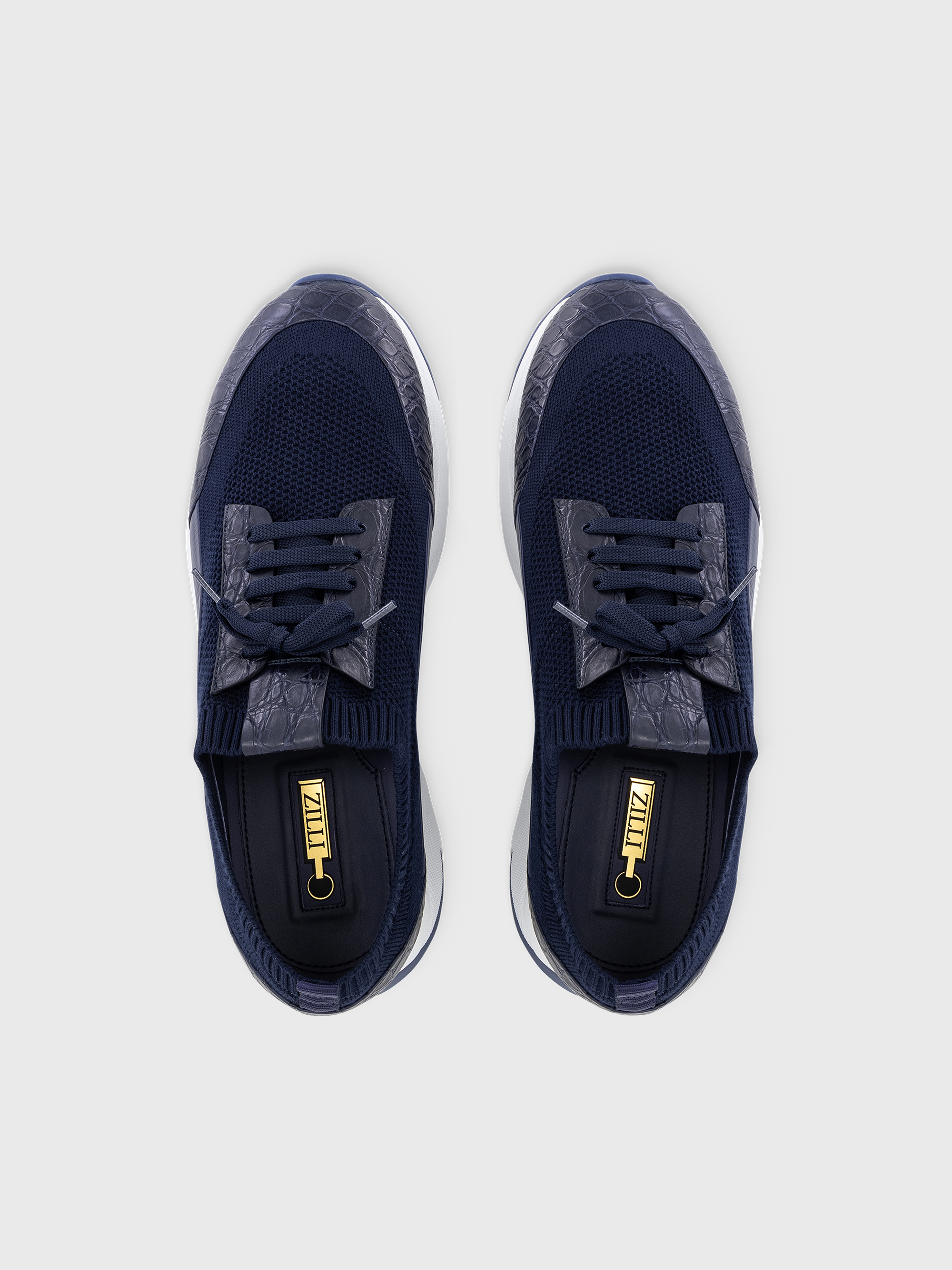 Cotton Knit Sneakers with Crocodile and Calfskin Details