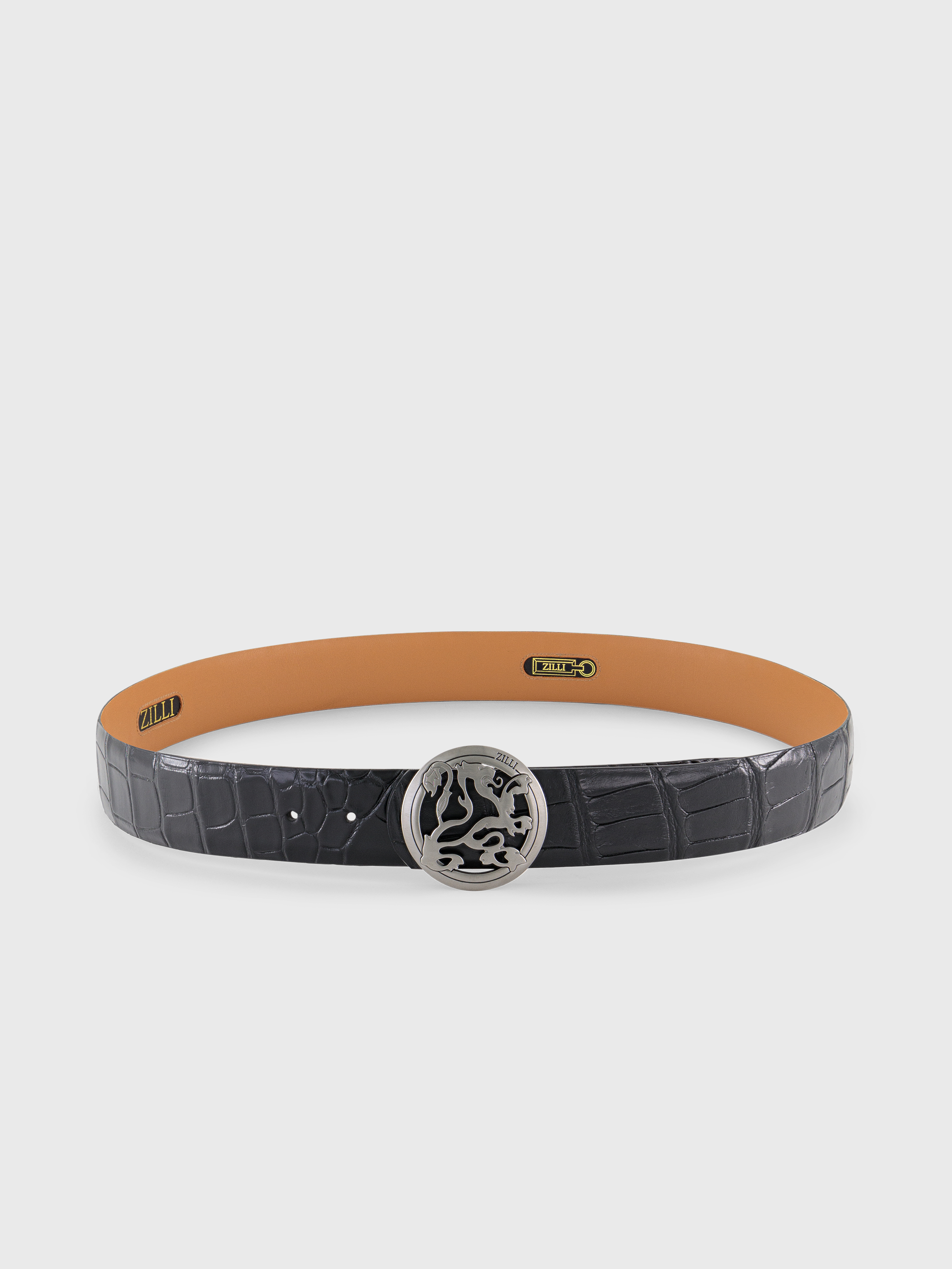 Ruthenium Finish Lion Buckle Crocodile Skin Belt