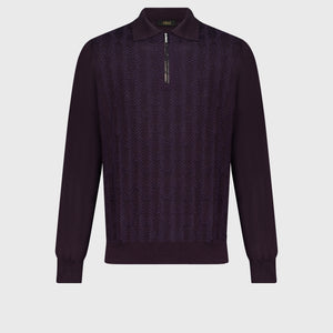 Zipped Polo Shirt with Geometric Jacquard Weave Aubergine