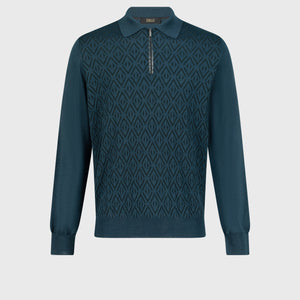 Geometric Pattern Polo Shirt in Wool, Silk, and Cashmere Dark Green
