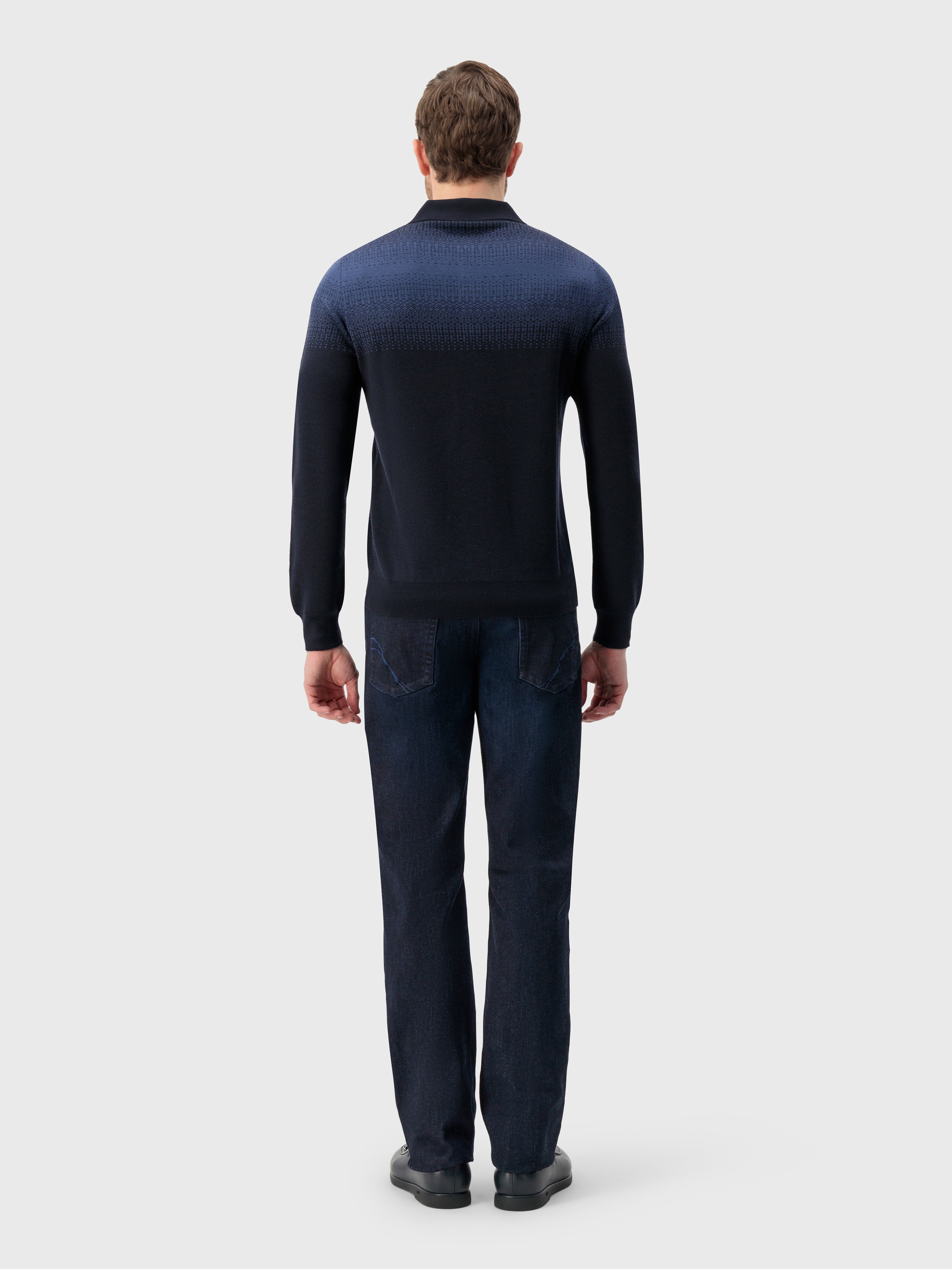 Zipped Polo Shirt with Blue Shading Jacquard Weave
