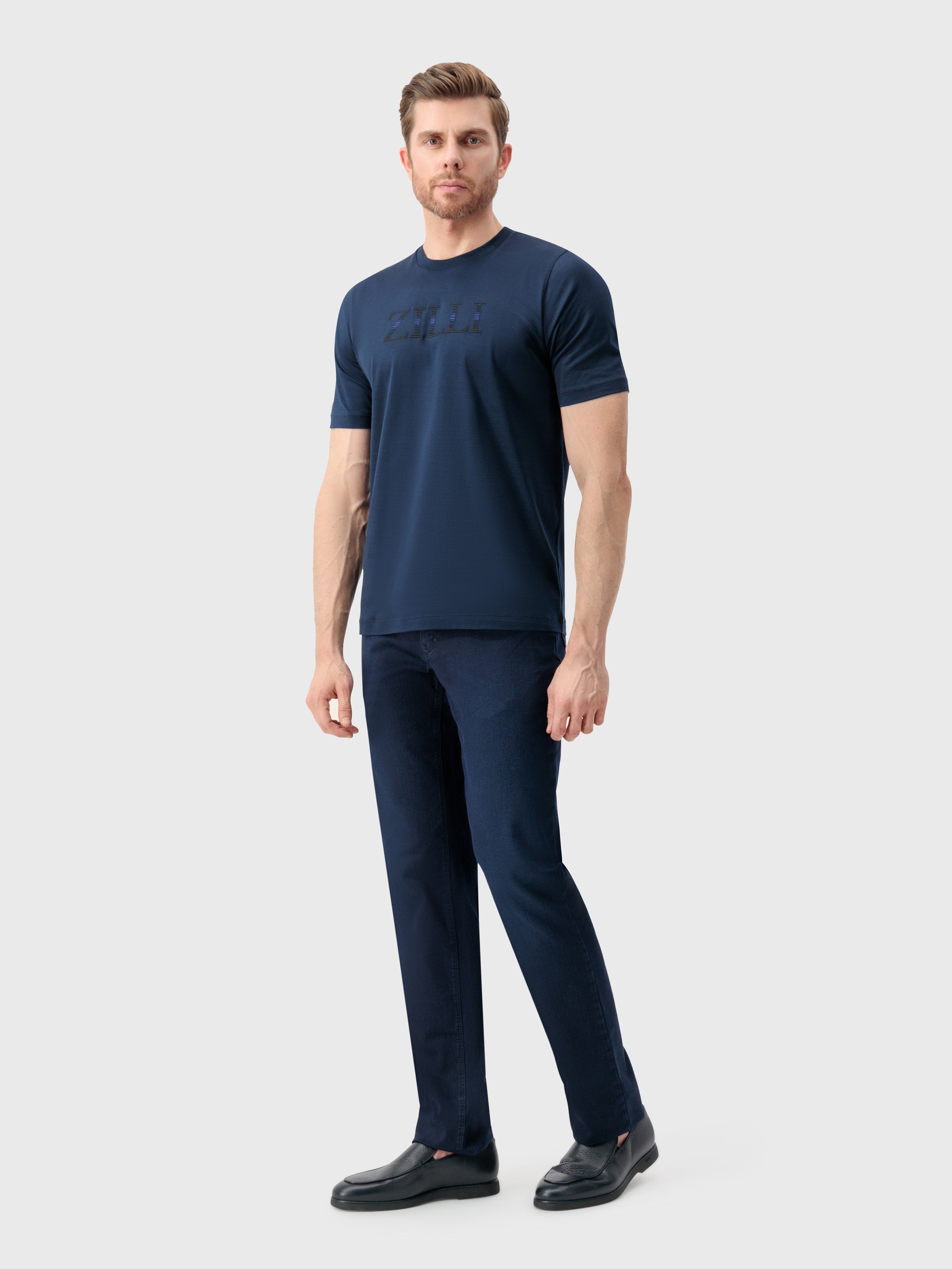 T-Shirt with Gradient Zilli Shade Embroidery Dark Navy