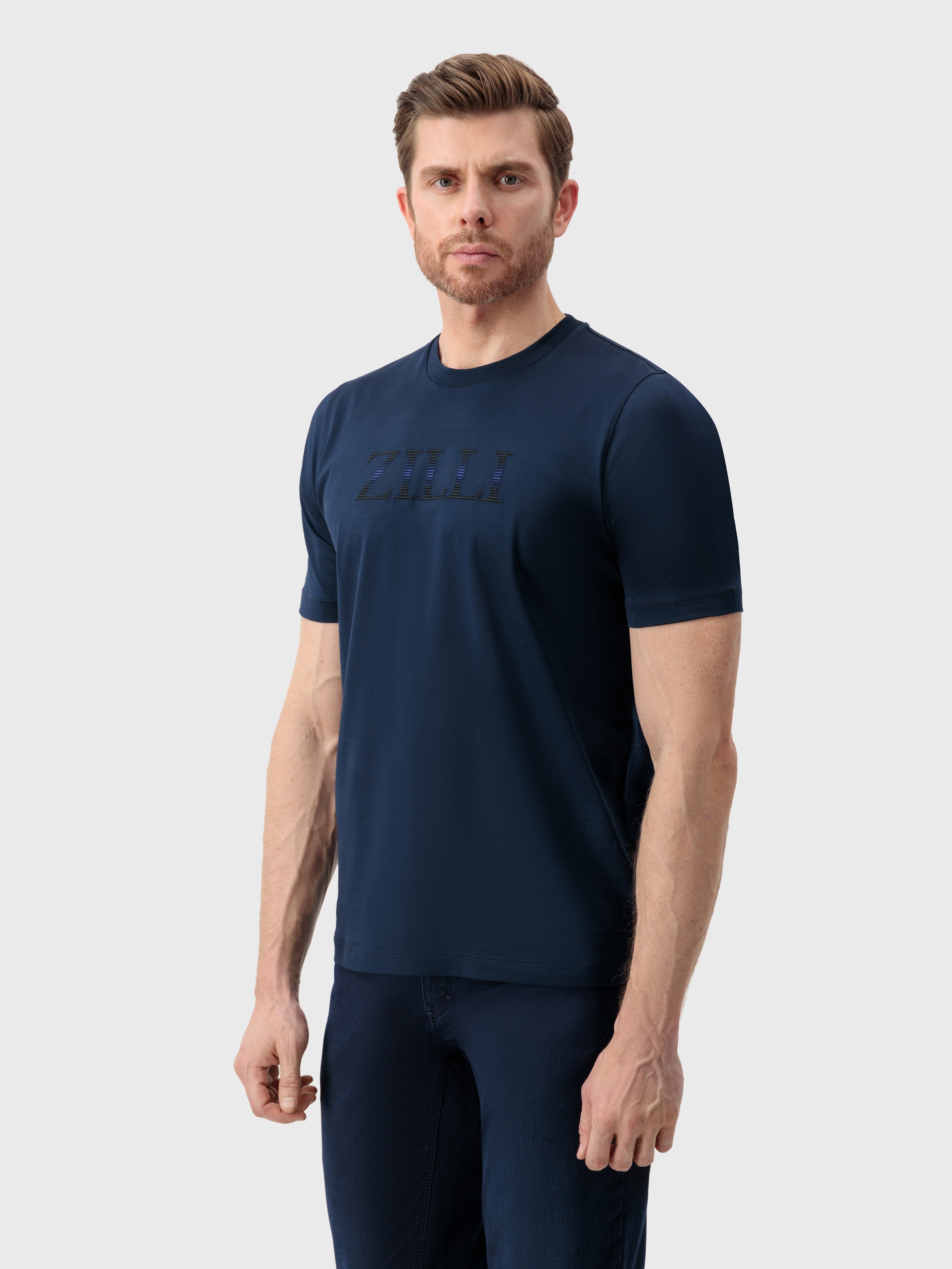 T-Shirt with Gradient Zilli Shade Embroidery Dark Navy