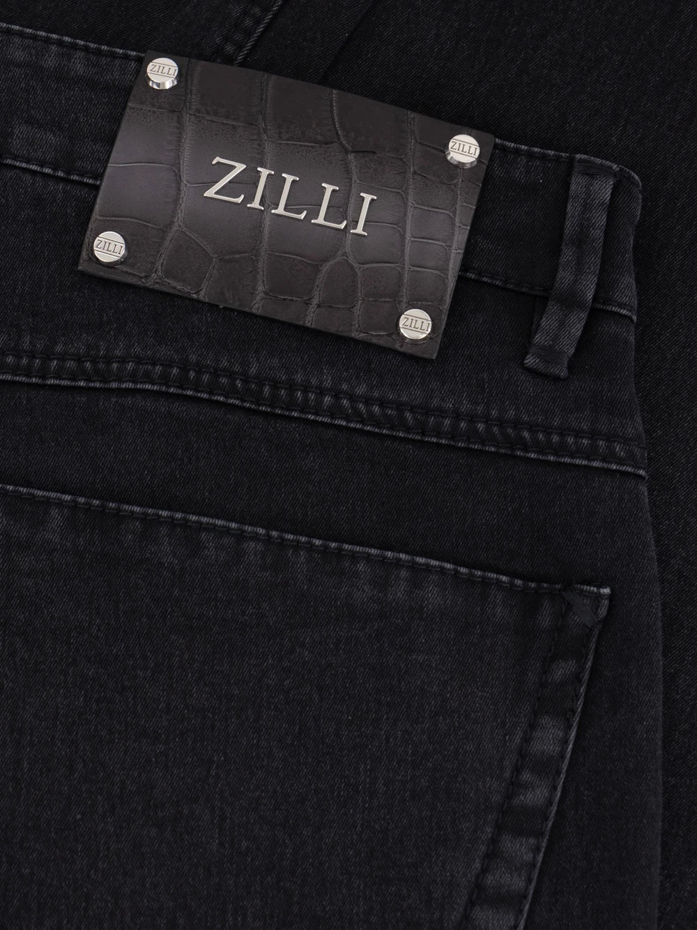 Regular Fit Crocodile-Detailed Denim Cotton Trousers - Black