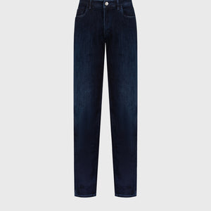 Slim Fit Crocodile-Detailed Denim Cotton Trousers - Blue