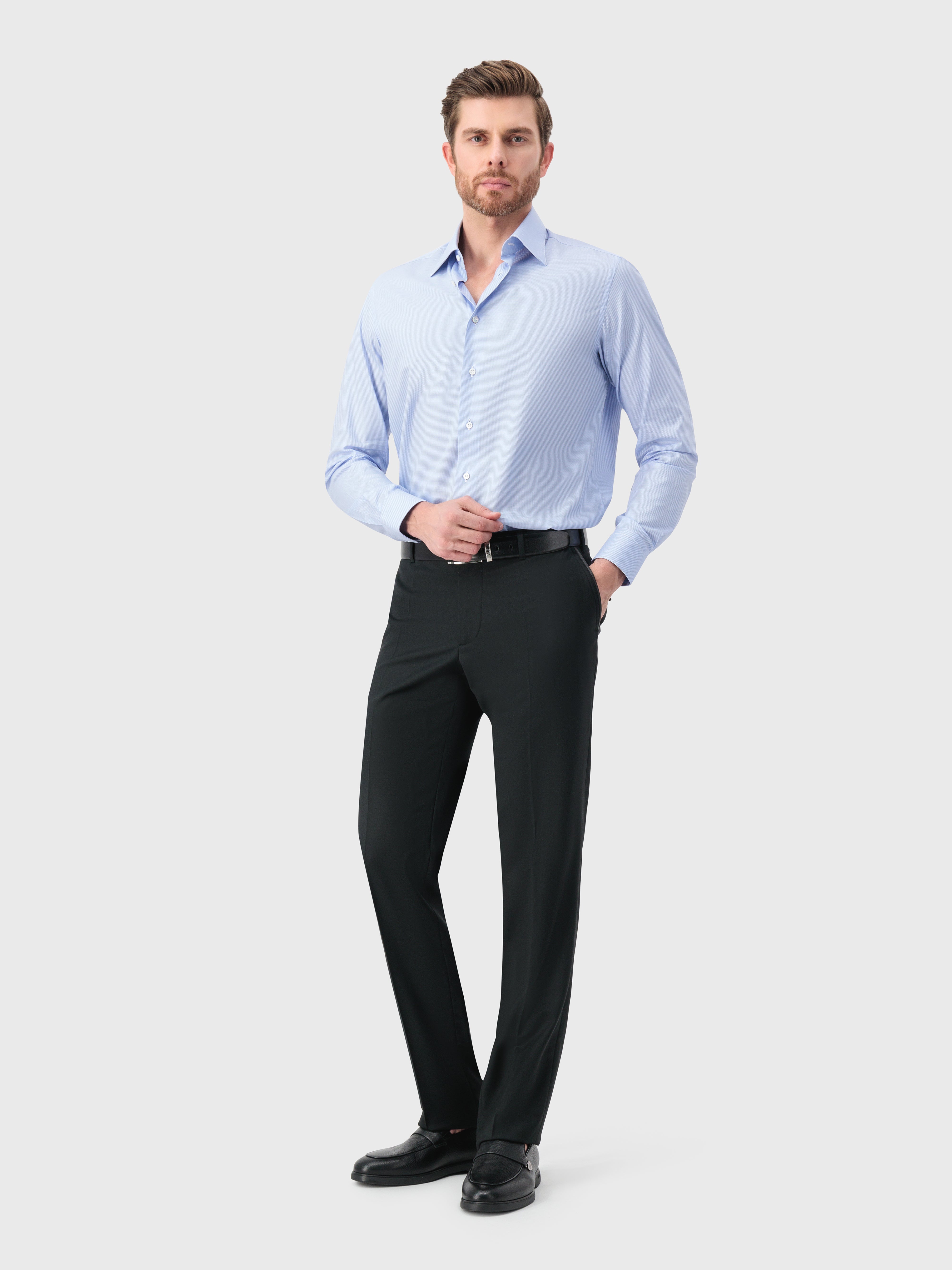 Cotton Shirt with Grid Pattern Light Blue